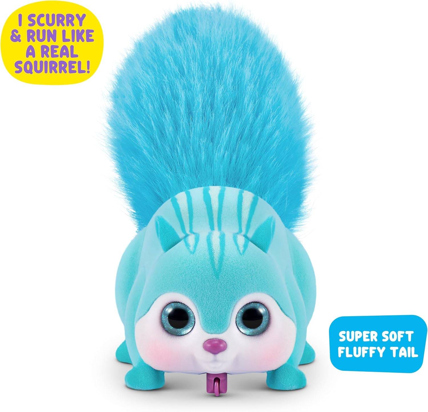 Ein Spielzeug-Eichhörnchen mit einem blauen flauschigen Schwanz und großen Augen. Text sagt: 