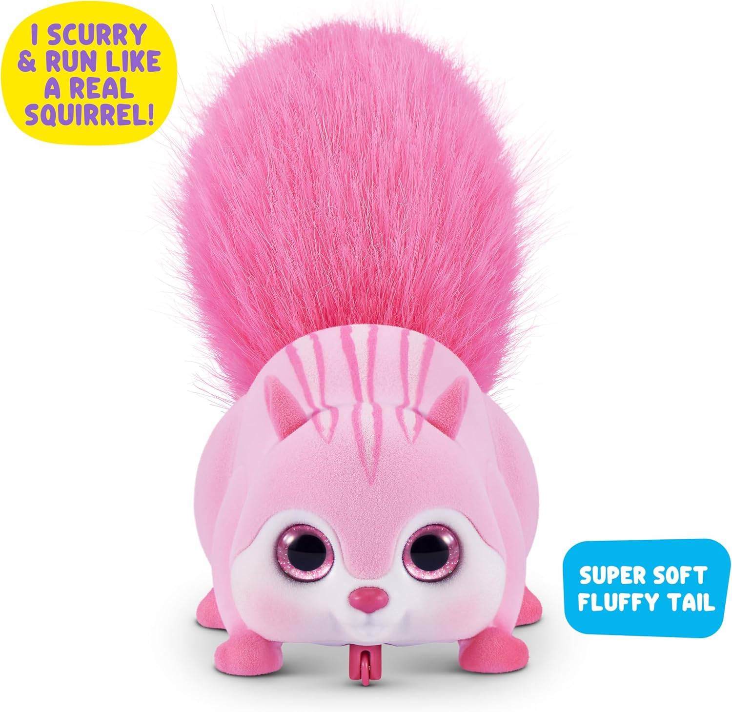 Eine rosa Spielzeug-Eichhörnchen mit einem flauschigen Schwanz und großen Augen. Es hat eine Sprechblase, in der steht: „Ich hustle und renne wie ein echtes Eichhörnchen!