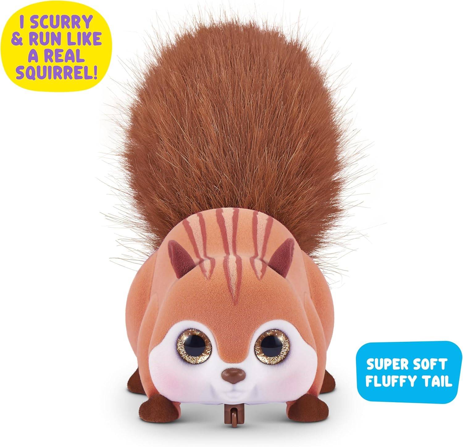 Spielzeug-Eichhörnchen mit rundem Körper und flauschigem Schwanz. Gelbe Sprechblase sagt: 'Ich hushe und renne wie ein echtes Eichhörnchen!' Blaue Sprechblase sagt: 'Super weicher, flauschiger Schwanz.