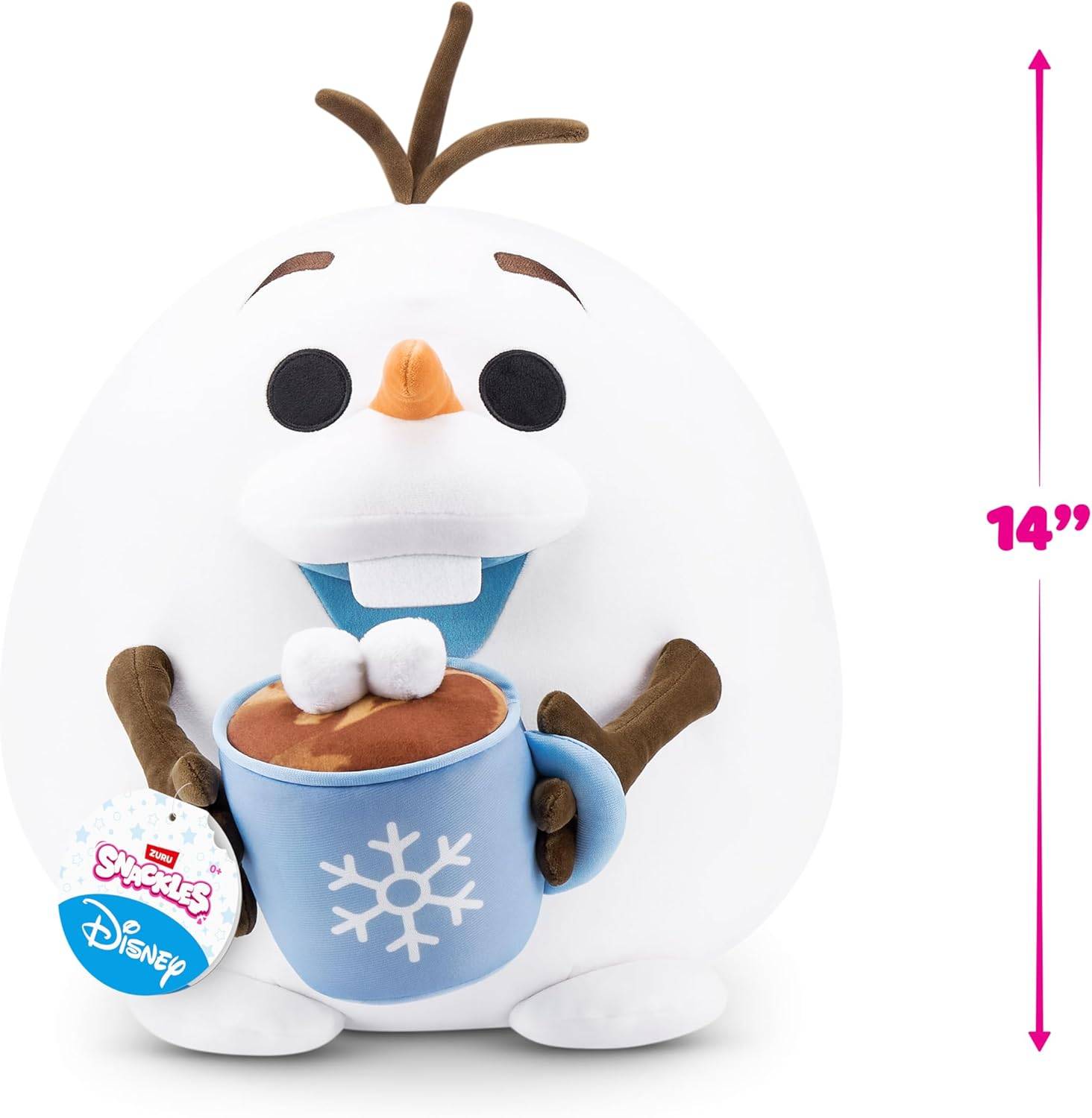 Eine Plüsch-Schneemann-Figur mit einer Möhrennase hält eine blaue Tasse mit einem weißen Schneeflocken-Design. Etikett liest 'Disney Snuggle Snappers'. Höhe: 14 Zoll.