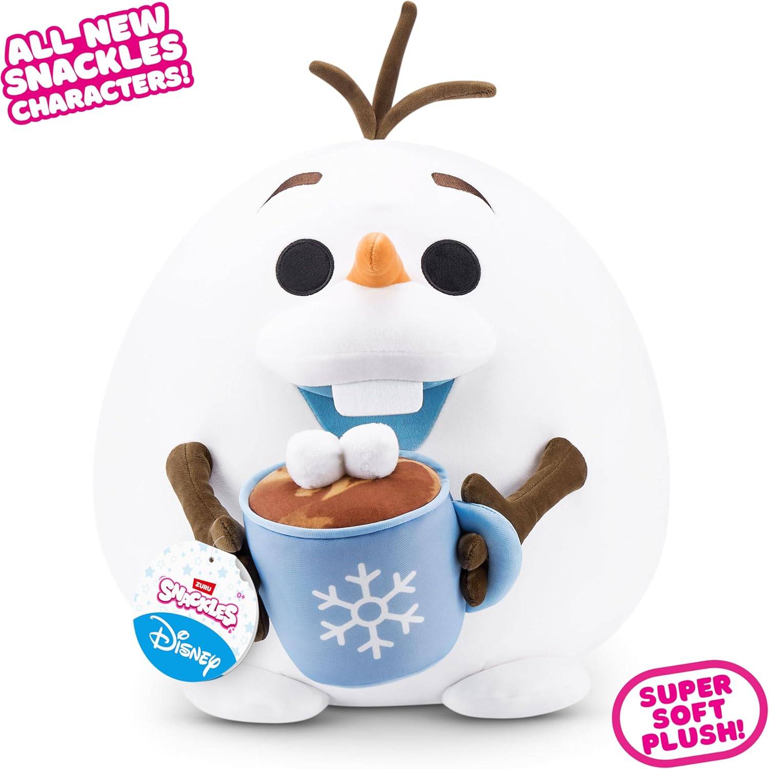 Niedliches Plüschtier mit Schneemann-Design, das eine blaue Tasse mit einer Schneeflocke hält. Text: ‚Brandneue Snackles-Charaktere' und ‚Super weicher Plüsch!