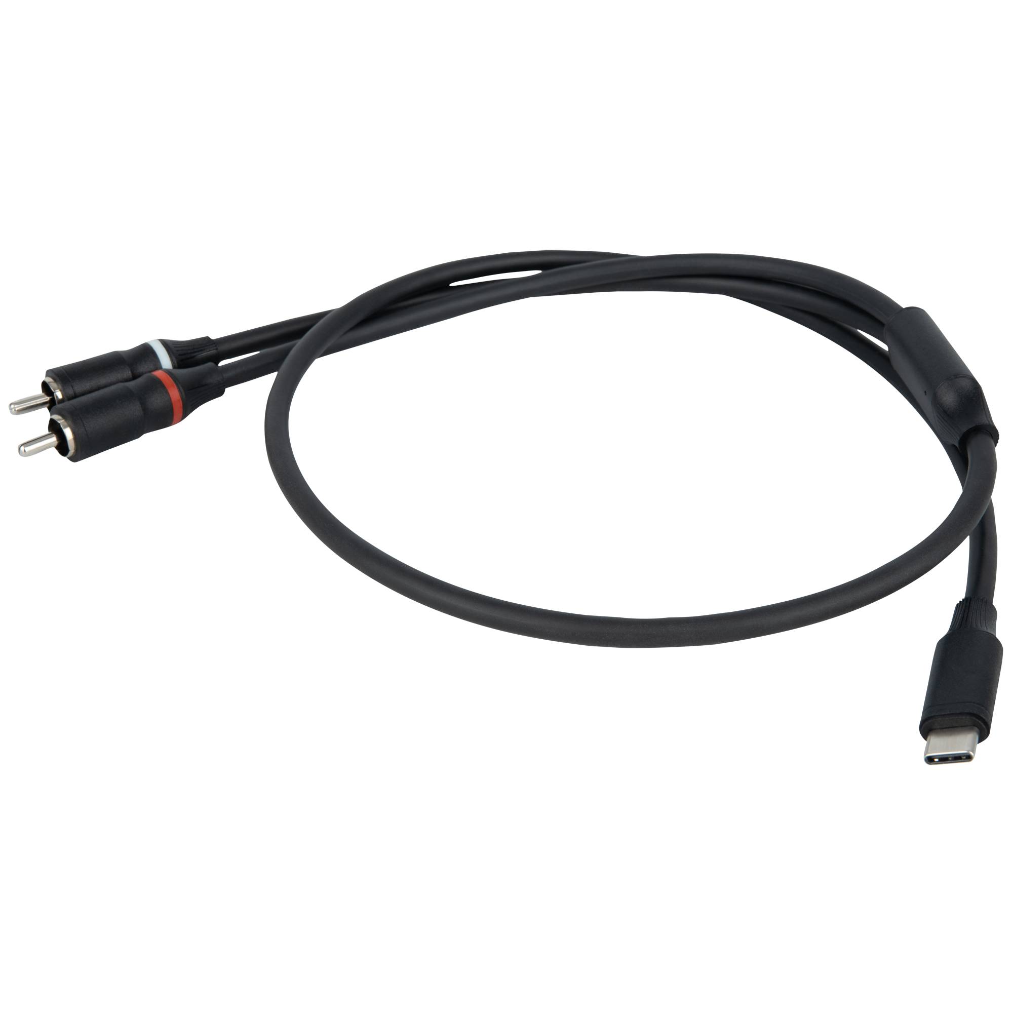 Ein schwarzes Kabel mit zwei RCA-Anschlüssen an einem Ende und einem USB-C-Anschluss am anderen Ende, verwendet für Audio- oder Videoverbindungen.