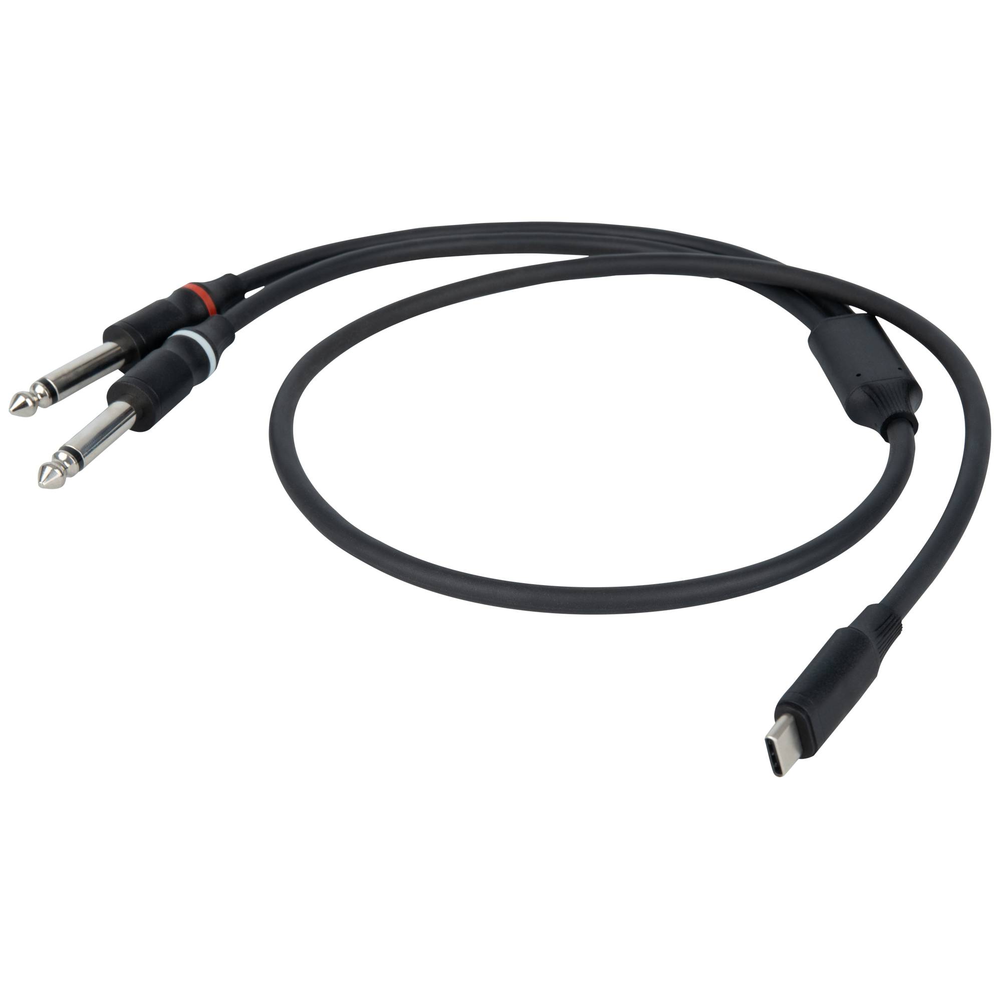 Ein USB Typ-C zu Dual-6,35-mm-Audiokabel, verwendet zum Anschluss digitaler Geräte an Audioausrüstung, mit einem schwarzen flexiblen Kabel.