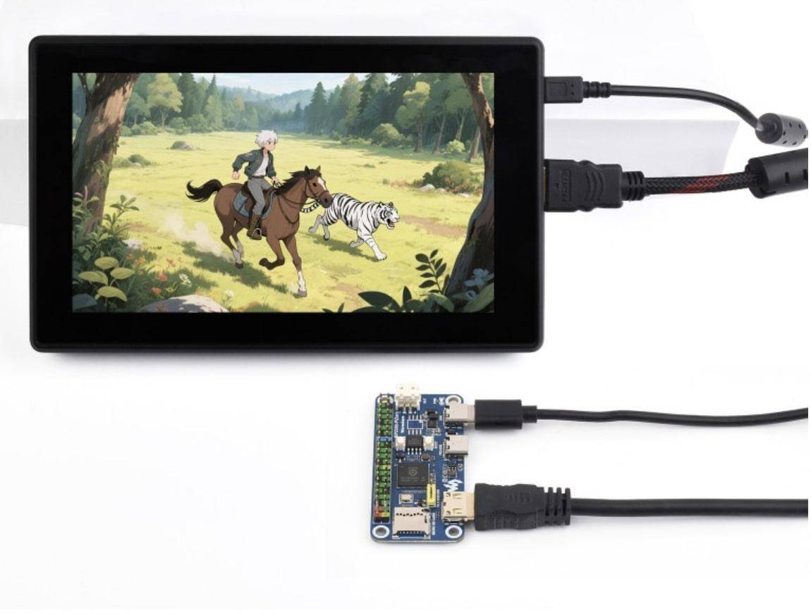 Ein kleiner Bildschirm zeigt eine animierte Szene mit einer Person auf einem Pferd und einem laufenden weißen Tiger in einer grasigen, bewaldeten Landschaft. Kabel verbinden den Bildschirm mit der Leiterplatte darunter.