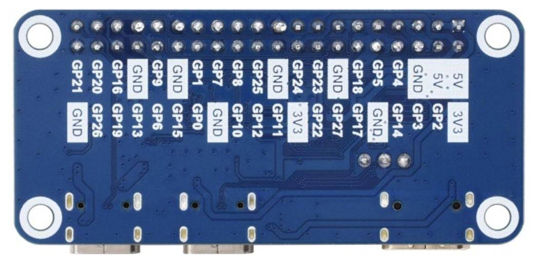 Eine blaue Leiterplatte mit beschrifteten GPIO-Pins und zwei Micro-USB-Anschlüssen am unteren Rand.