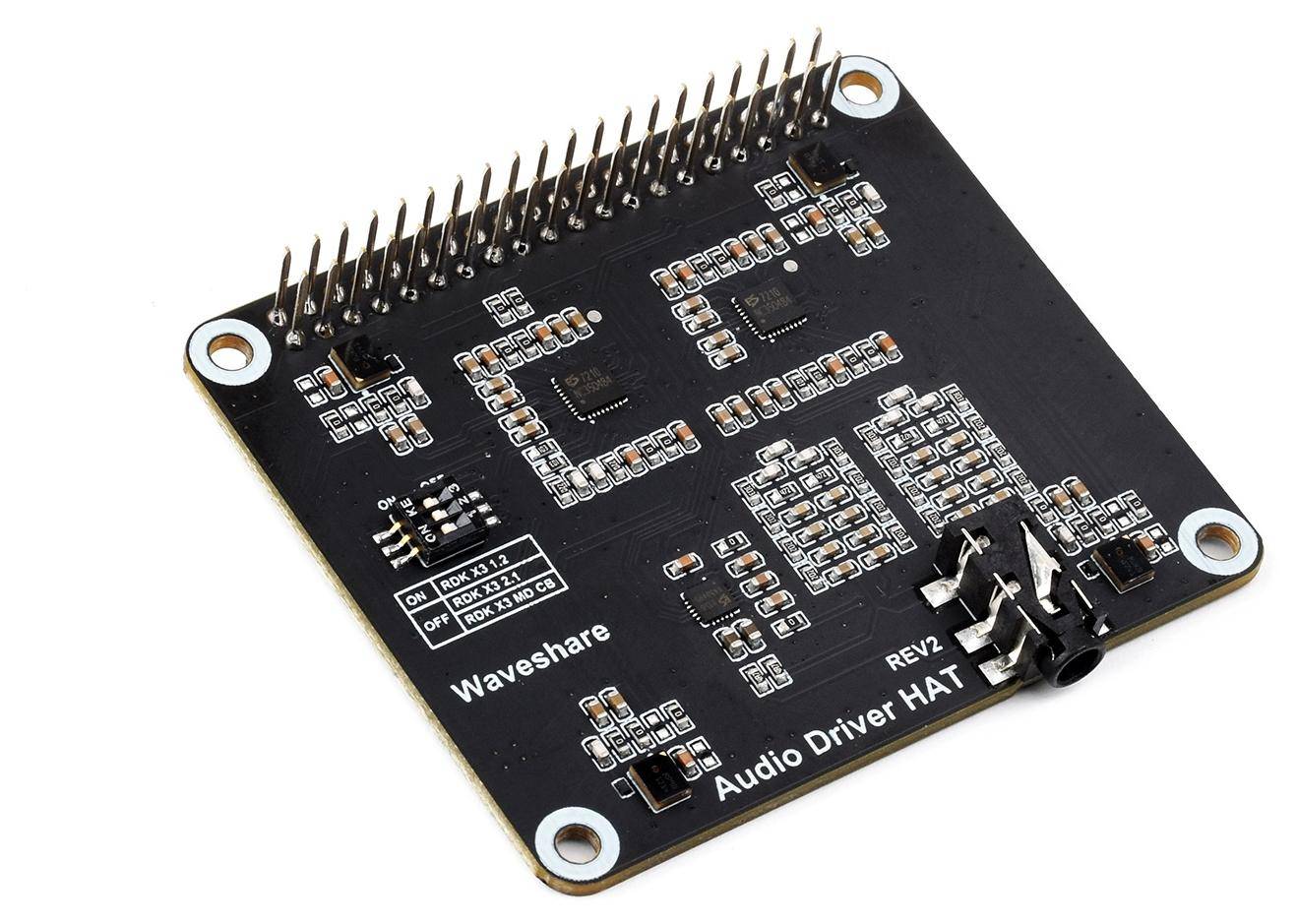 Waveshare Audio Driver HAT REV1 Leiterplatte mit Anschlüssen und beschrifteten Komponenten, entwickelt für Audioverarbeitungsanwendungen.