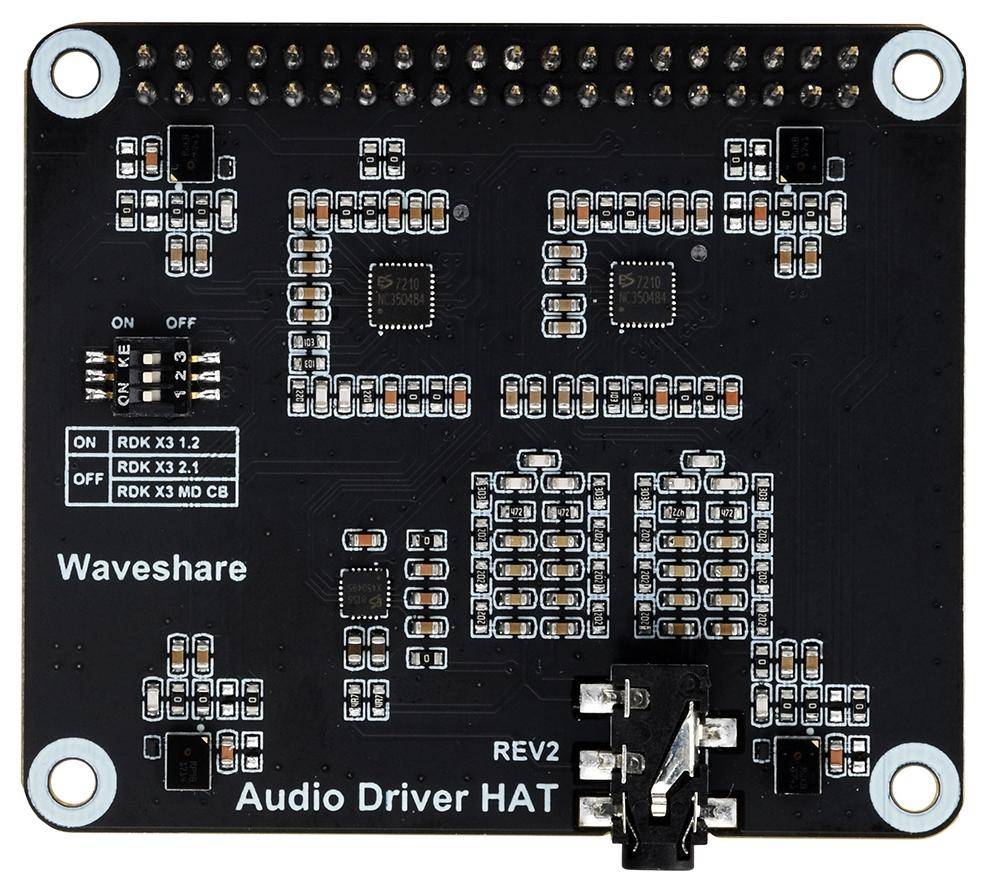 Leiterplatte des 'Waveshare Audio Driver HAT REV2' mit Ein-/Ausschalter, beschriftet mit 'RDK X3 1.2', 'RDK X3 2.1' und 'RDK X3 MD CB', mit verschiedenen Komponenten und Anschlüssen.
