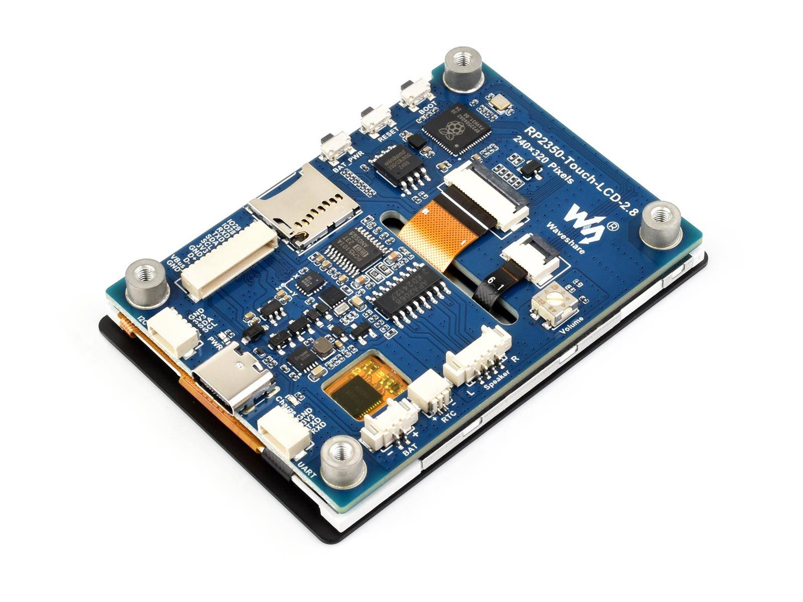 Ein blauer Raspberry Pi Touchscreen-Anzeigemodul mit verschiedenen elektronischen Komponenten, Anschlüssen und einem microSD-Kartensteckplatz auf einer Leiterplatte.