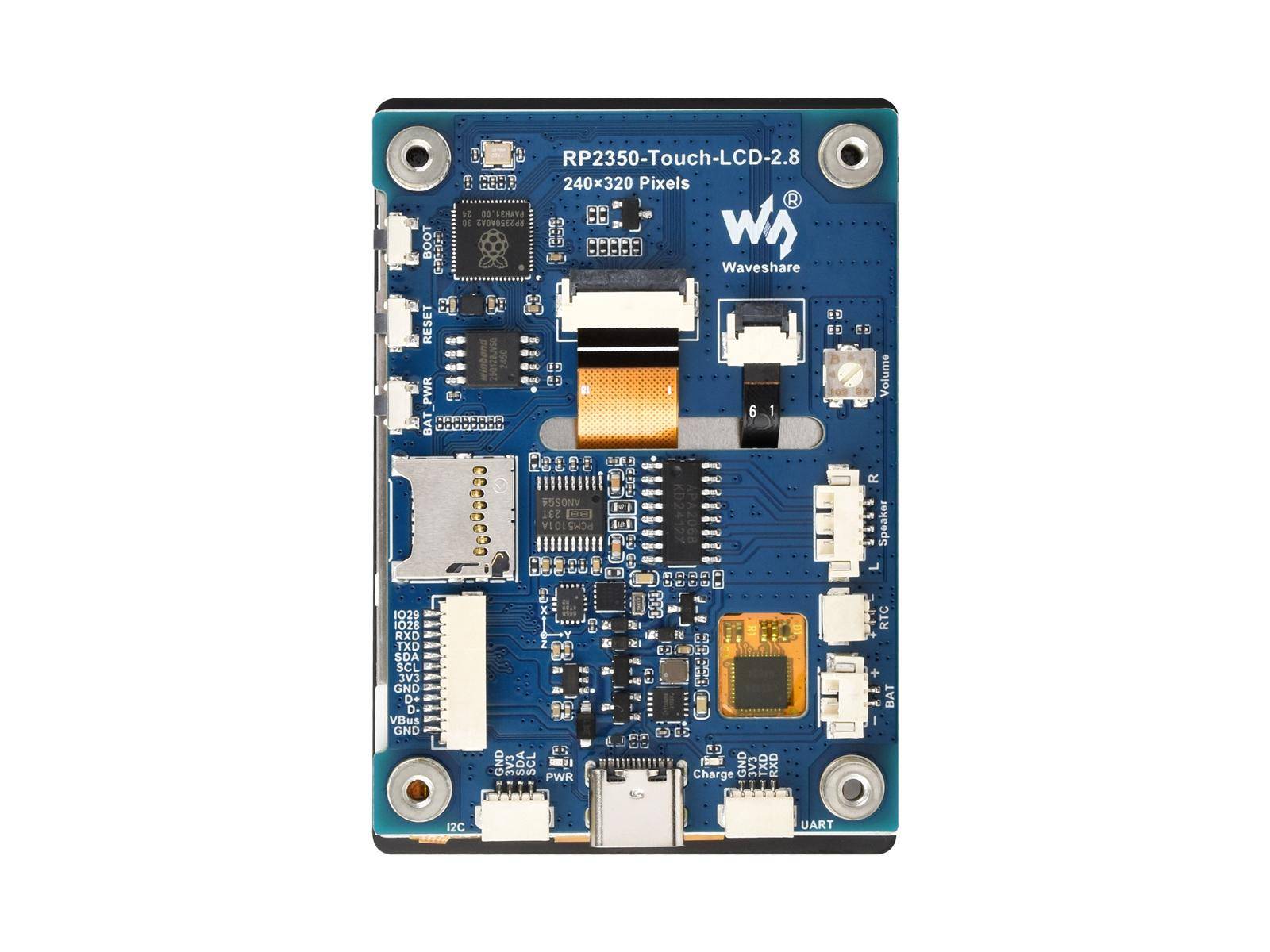 Eine blaue Waveshare RP2350-Touch-LCD-2.8 Platine verfügt über einen 240x320 Pixel Touchscreen und verschiedene Ein- und Ausgabeports für vielfältige Konnektivität.