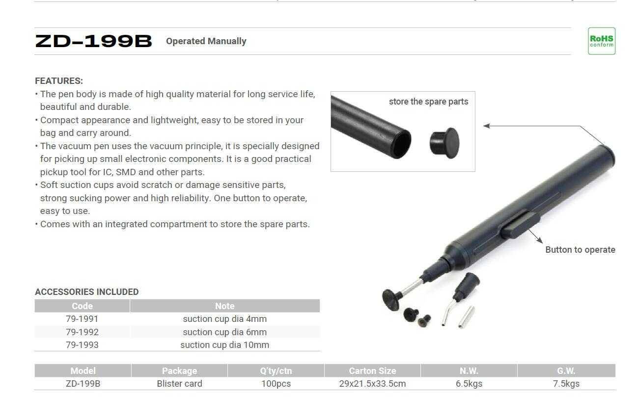Saugstift-Set mit verschiedenen Spitzengrößen. Detaillierte technische Spezifikationen und Schlüsselvorteile werden aufgeführt. Verpackung wiegt 0,6 kg.