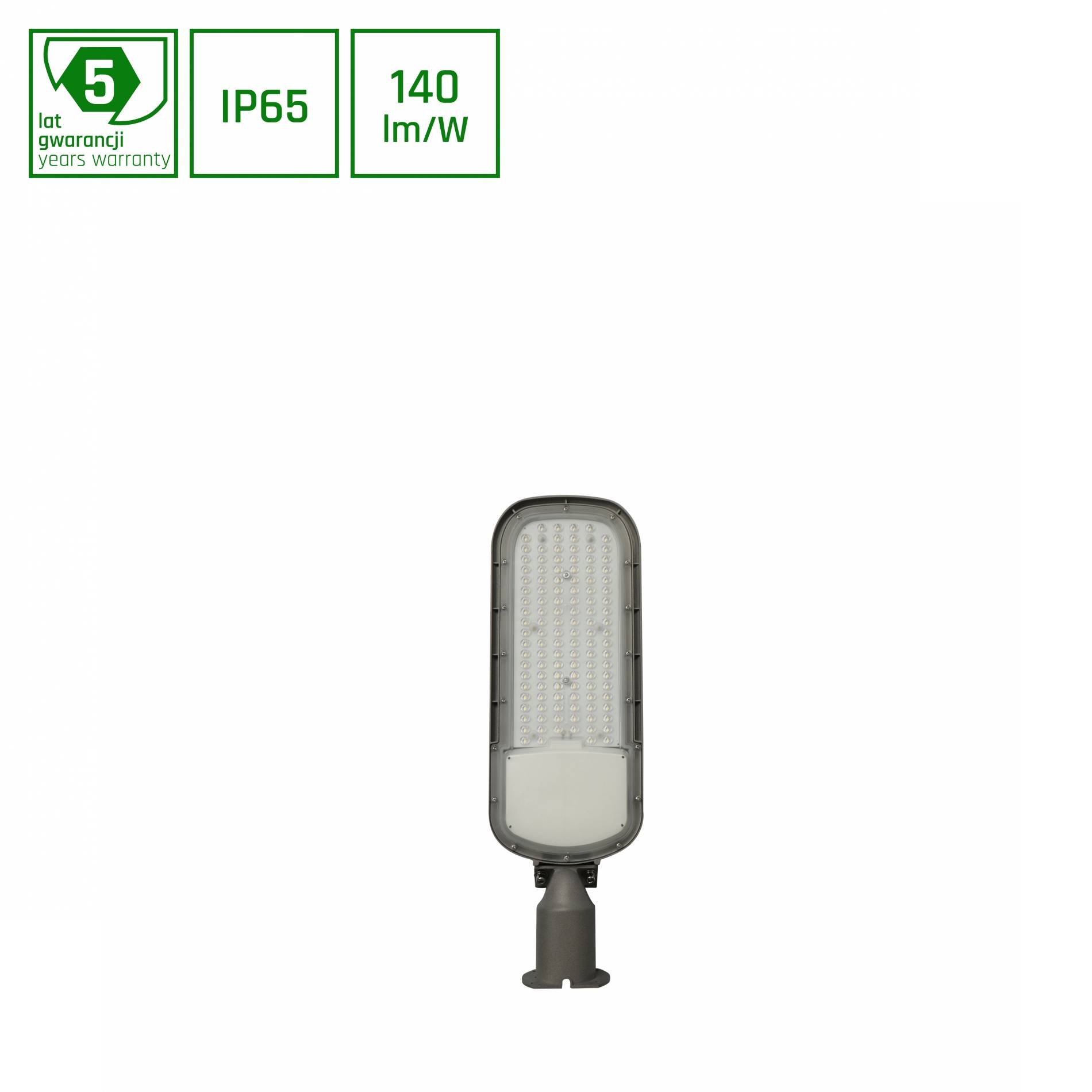 Eine Straßenlaterne mit einer rechteckigen LED-Platine, gekennzeichnet mit ‚IP65' für Wasserdichtigkeit und ‚140 lm/W' für Effizienz, mit einer 5-jährigen Garantie.