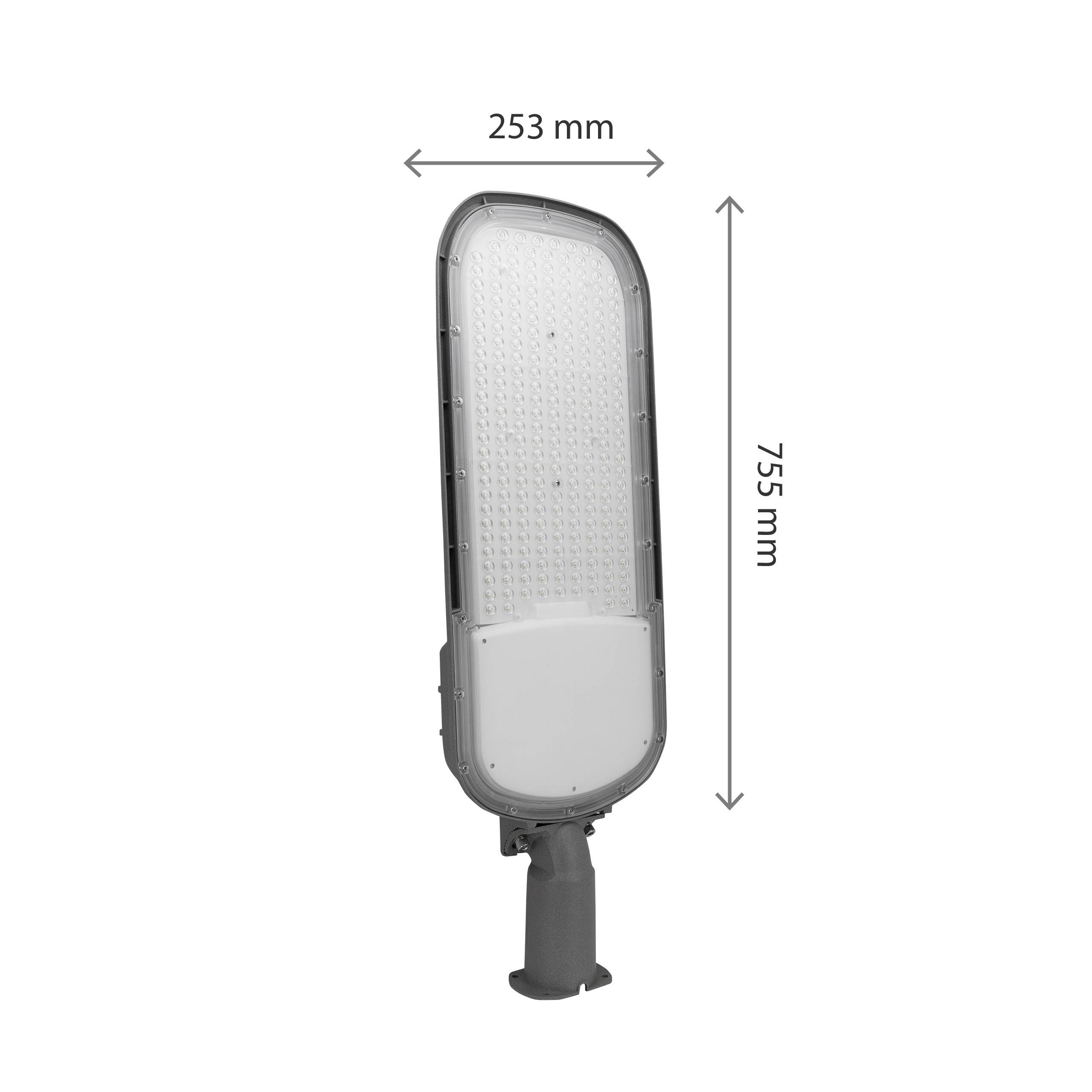 Eine hohe, rechteckige LED-Straßenlaterne mit Abmessungen: 253 mm in der Breite und 755 mm in der Höhe. Das Licht hat ein geschwungenes Kantendesign.