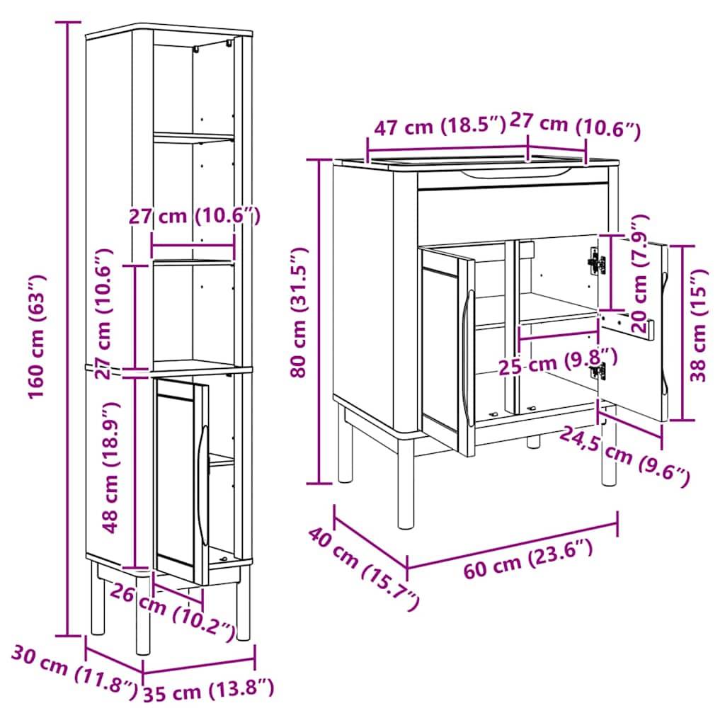 Hochschrank: 160 cm hoch, 30 cm breit, 27 cm tief. Niederschrank: 80 cm hoch, 60 cm breit, 47 cm tief. Detaillierte Innenmaße werden gezeigt.