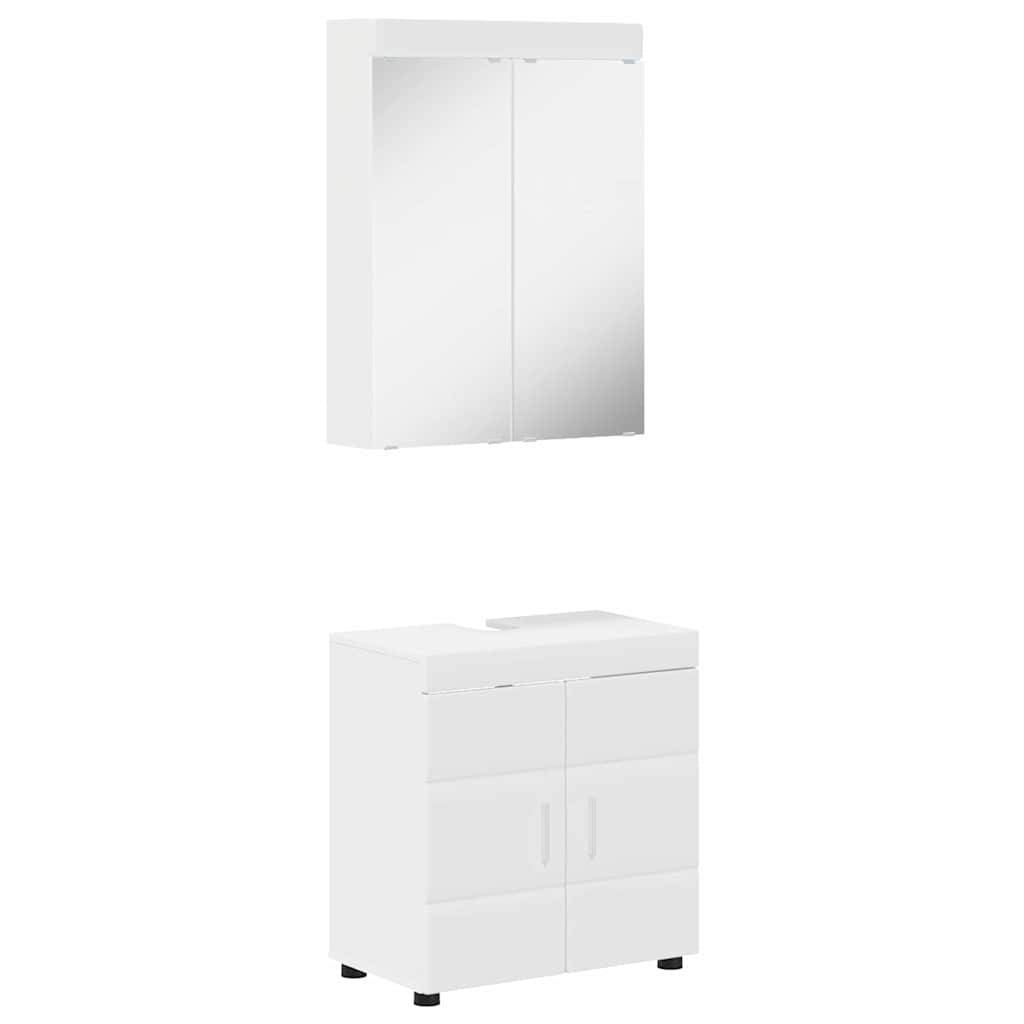 Weißes Badezimmer-Vanity-Set mit einem Spiegelwandschrank darüber und einem unteren Schrank mit Doppeltüren, geeignet für Aufbewahrung.
