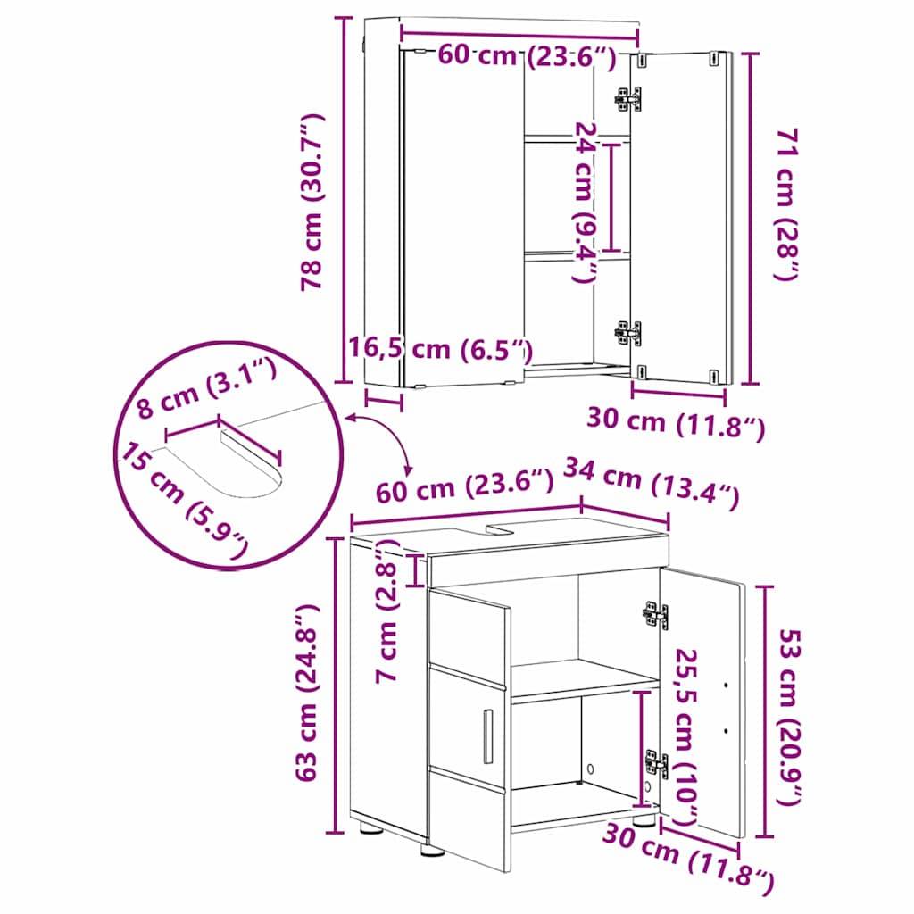 Skizze eines Badezimmerschranks mit Maßen: 60 cm Breite, 78 cm Höhe, 30 cm Tiefe. Innere Regalhöhen: 7 cm, 25,5 cm.