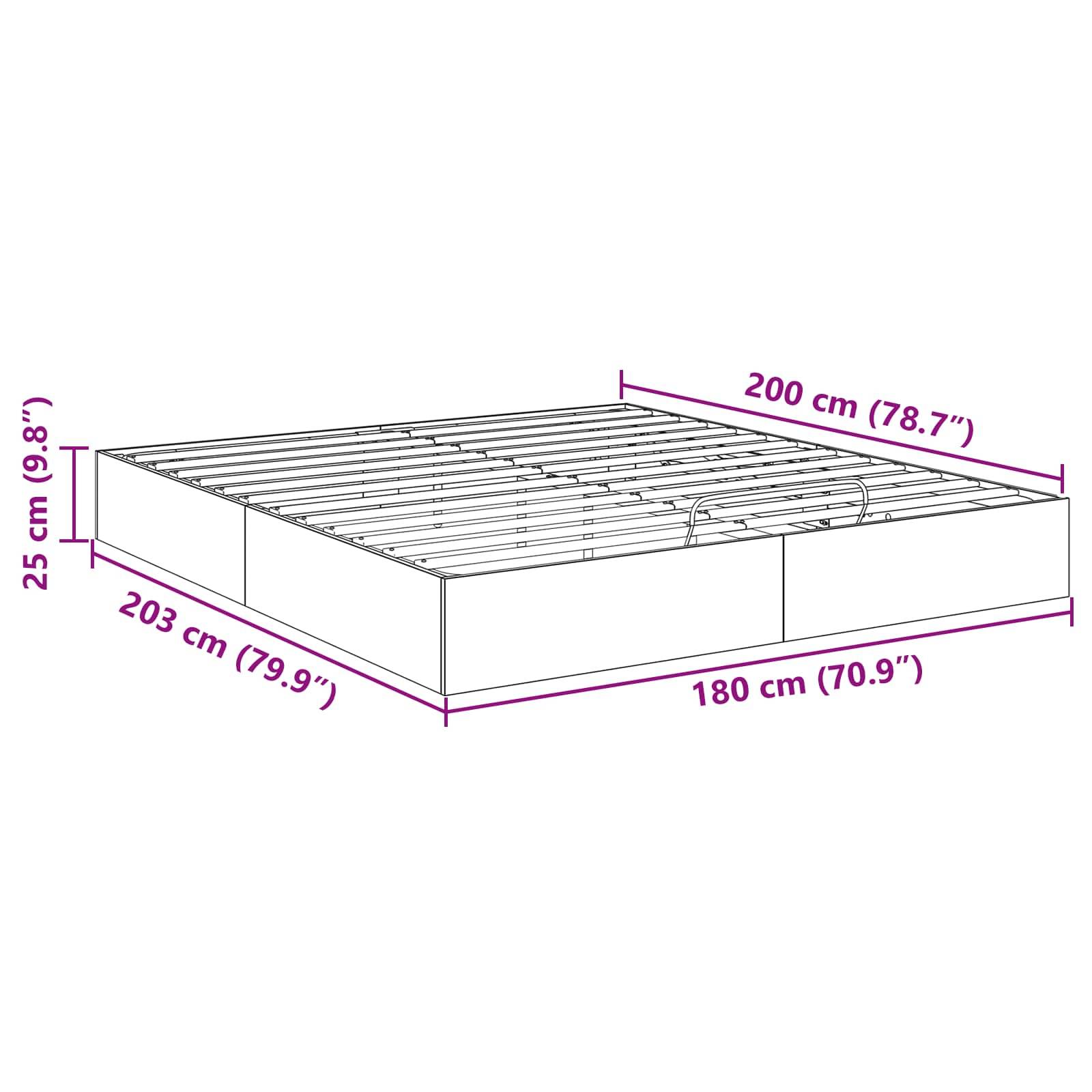 Bettrahmenmaße: Breite 200 cm (78,7"), Länge 203 cm (79,9""), Höhe 25 cm (9,8""), Schubladenbreite 180 cm (70,9"").