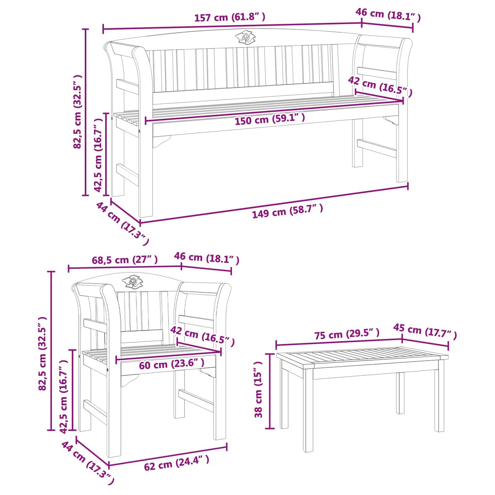 Abmessungen einer Bank (157x82,5x60 cm), eines Stuhls (62x82,5x60 cm) und eines Tisches (75x38x45 cm) werden mit beschrifteten Maßen dargestellt.