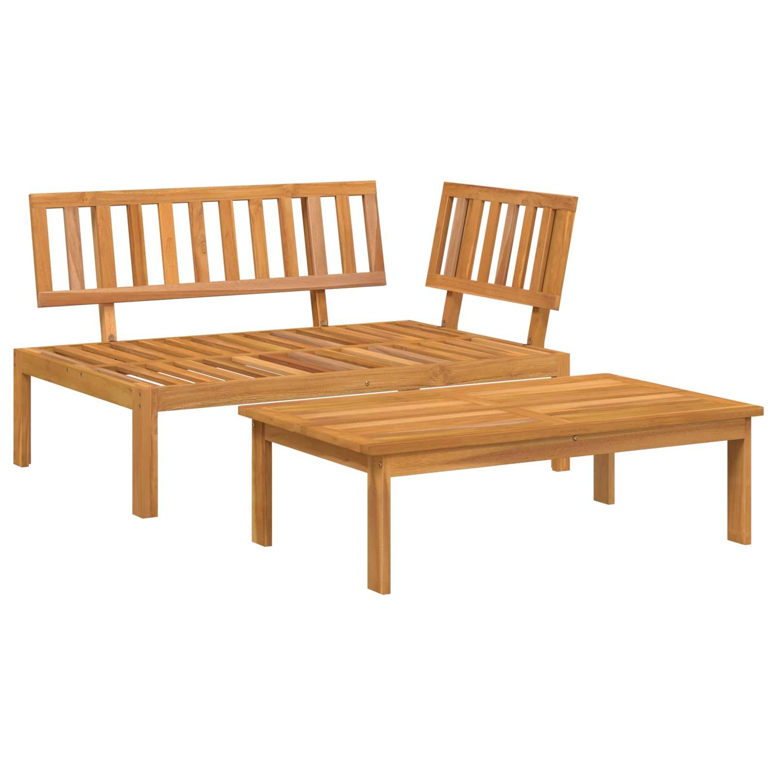 Braune Holzgartenbank mit Lamellenlehne und passendem Couchtisch, die ein modernes Outdoor-Möbeldesign präsentieren.