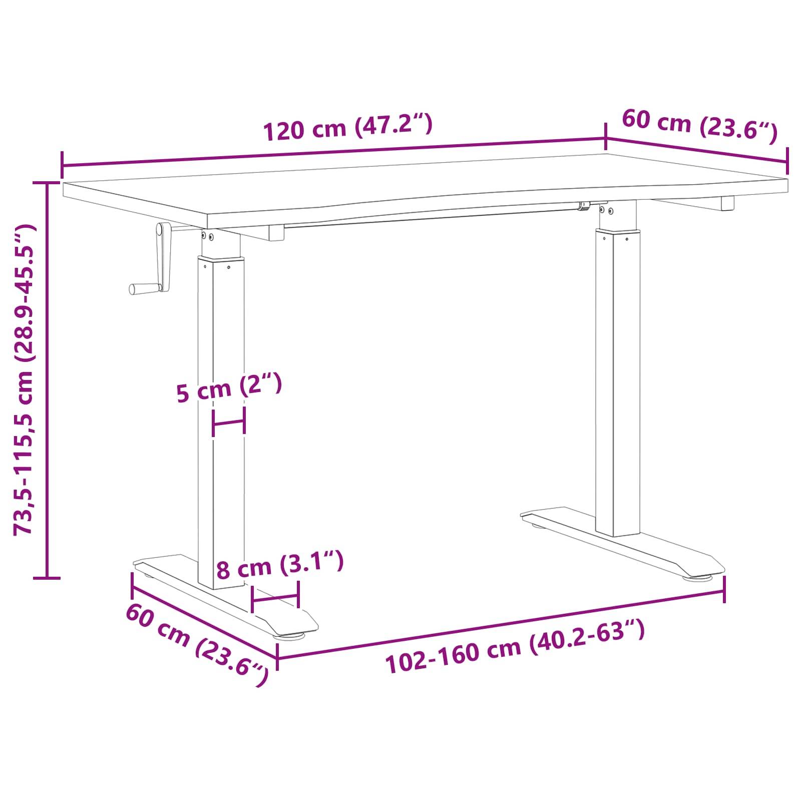 Höhenverstellbarer Schreibtisch Abmessungen: Höhe 73,5-115,5 cm, Breite 120 cm, Tiefe 60 cm; Kurbel zur Höhenverstellung.