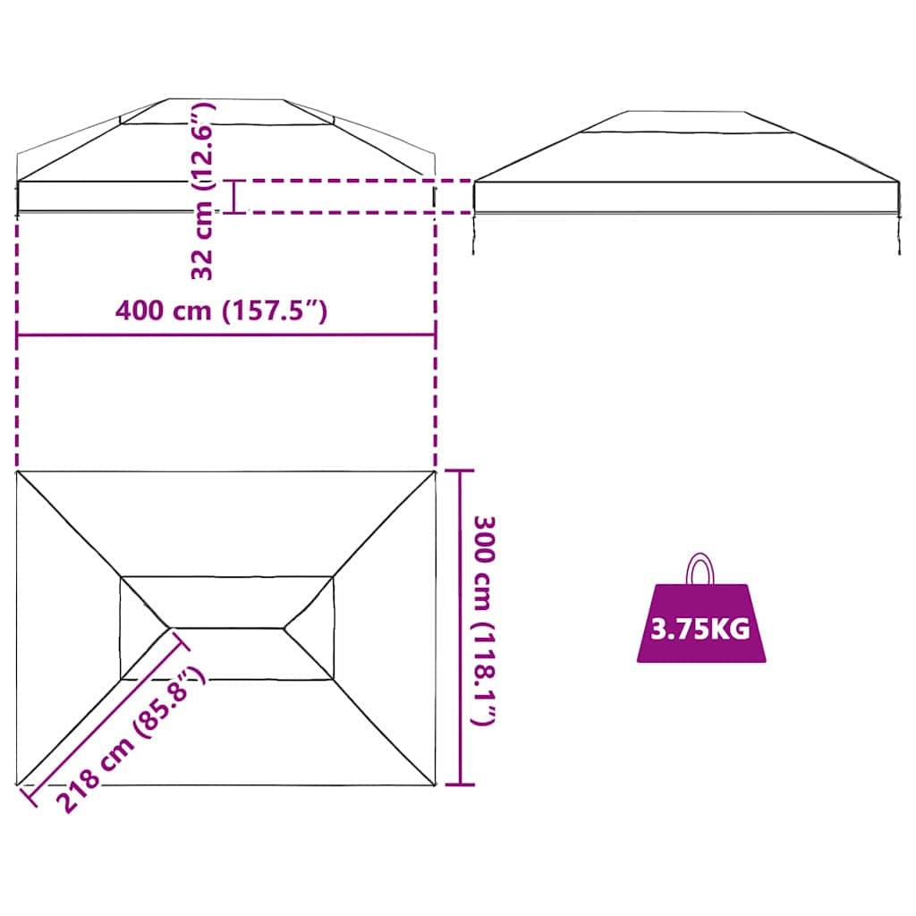 Diagramm einer rechteckigen Zeltstruktur mit Maßen: 400 cm (157,5 Zoll) Länge, 300 cm (118,1 Zoll) Breite und einer Höhe von 320 cm (125,9 Zoll). Gewicht: 3,75 kg.