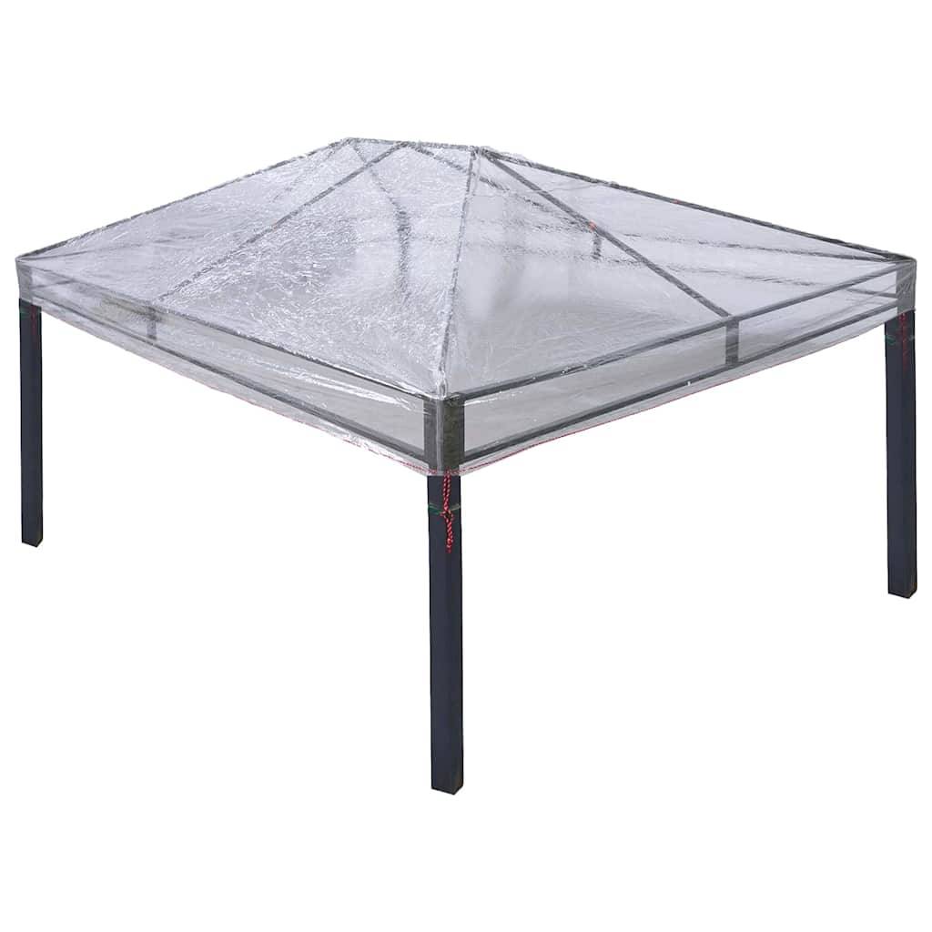 Eine transparente Terrassentischdecke in quadratischer Form mit verstärkten Nähten, die entwickelt wurde, um Gartenmöbel vor Witterungseinflüssen zu schützen.