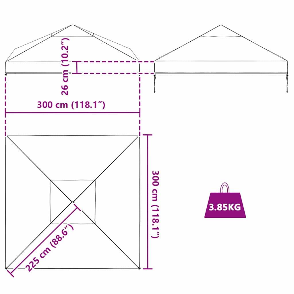 Zeltdiagramm mit Abmessungen: Höhe 10,2 Zoll, Breite 118,1 Zoll, Grundfläche 86,6 Zoll. Gewicht 3,85 kg.