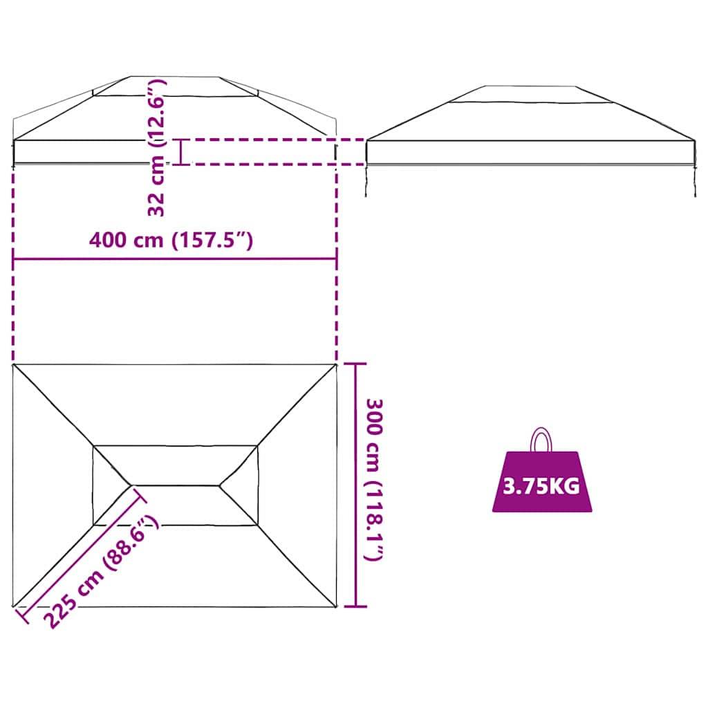 Diagramm eines Zeltes zeigt Abmessungen: 400 cm Länge, 300 cm Breite, 322 cm Höhe, 225 cm Höhe am niedrigsten Punkt. Gewicht: 3,75 kg.
