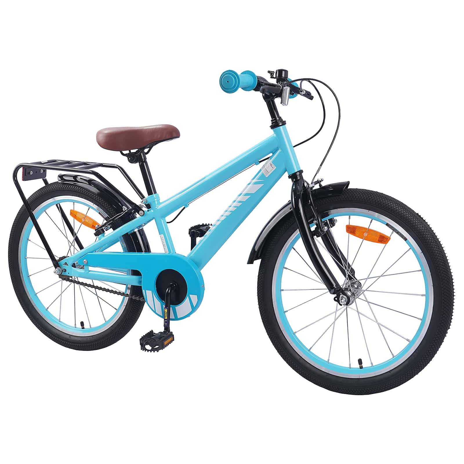 Ein blaues Kinderfahrrad mit einem braunen Sattel, schwarzen Lenkern und einem Gepäckträger, geeignet für Kinder im Alter von 6-9 Jahren, auf weißem Hintergrund präsentiert.