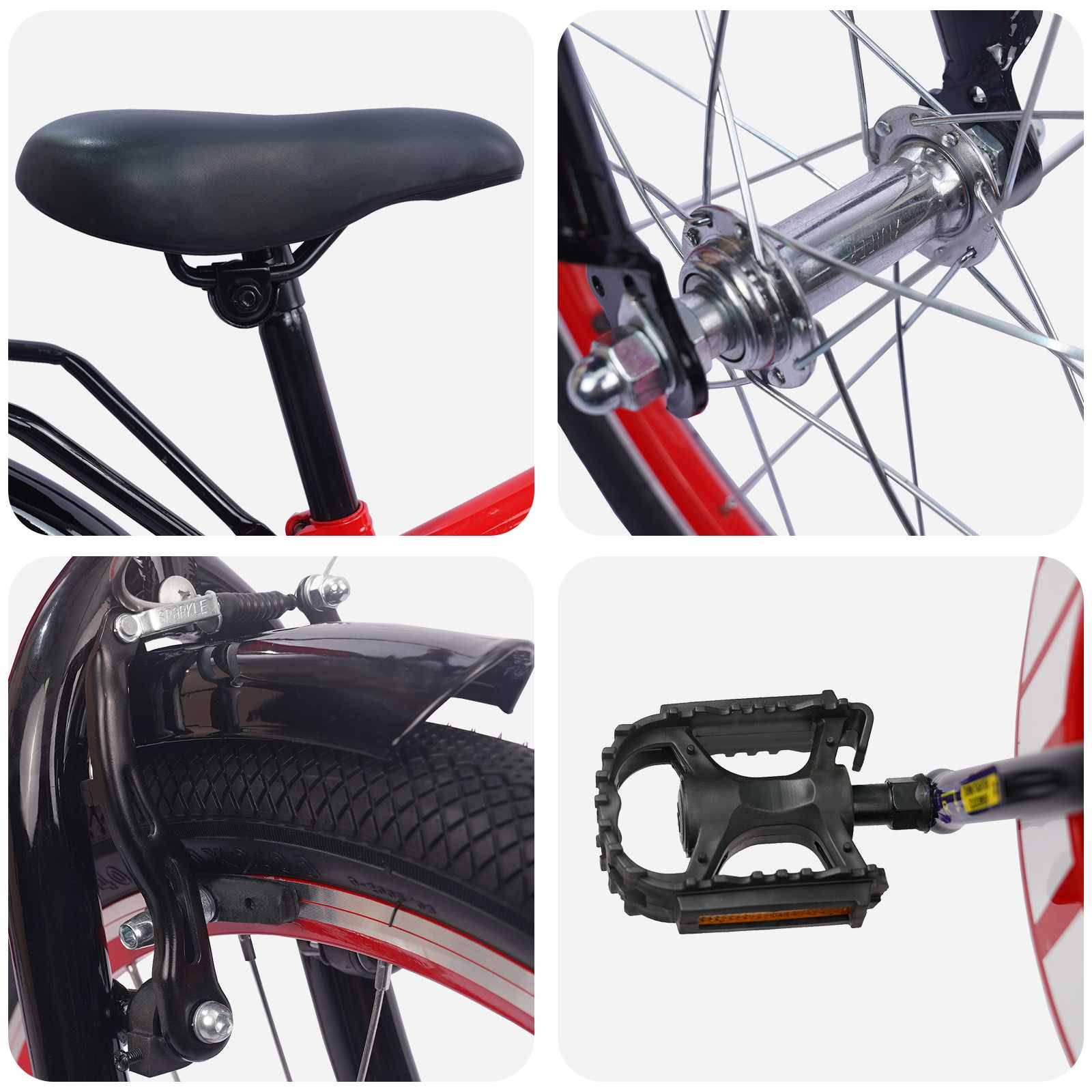 Vier Nahaufnahmen eines Fahrrads: ein schwarzer Sattel, eine silberne Radnabe, eine schwarze Vorderbremse nahe dem Reifen und ein schwarzes Pedal.