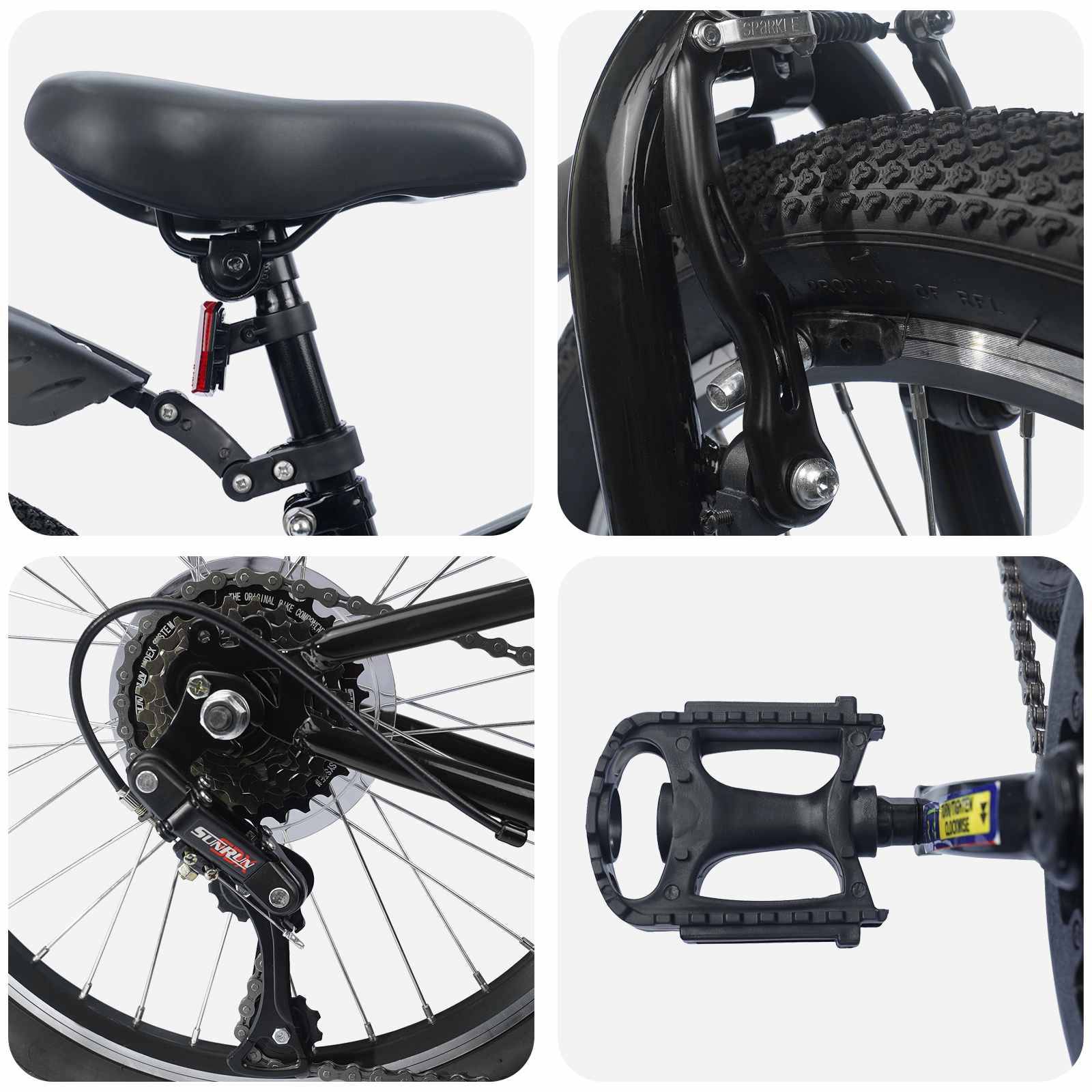 Vier Nahaufnahmen von Fahrradteilen: ein schwarzer Sattel, hinteres Radbremssystem, Gangschaltungsmechanismus und Pedal. Jedes Detail konzentriert sich auf unterschiedliche Komponenten.