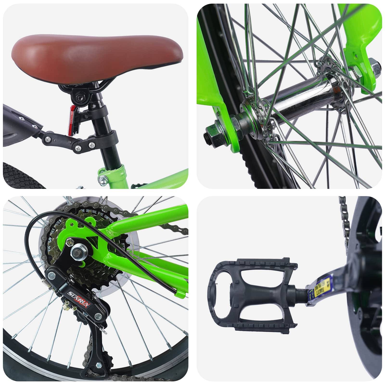 Collage von Fahrradteilen: brauner Sattel, Hinterrad, schwarzes Pedal und grüne Schalthebeleinheit, die Designmerkmale hervorhebt.