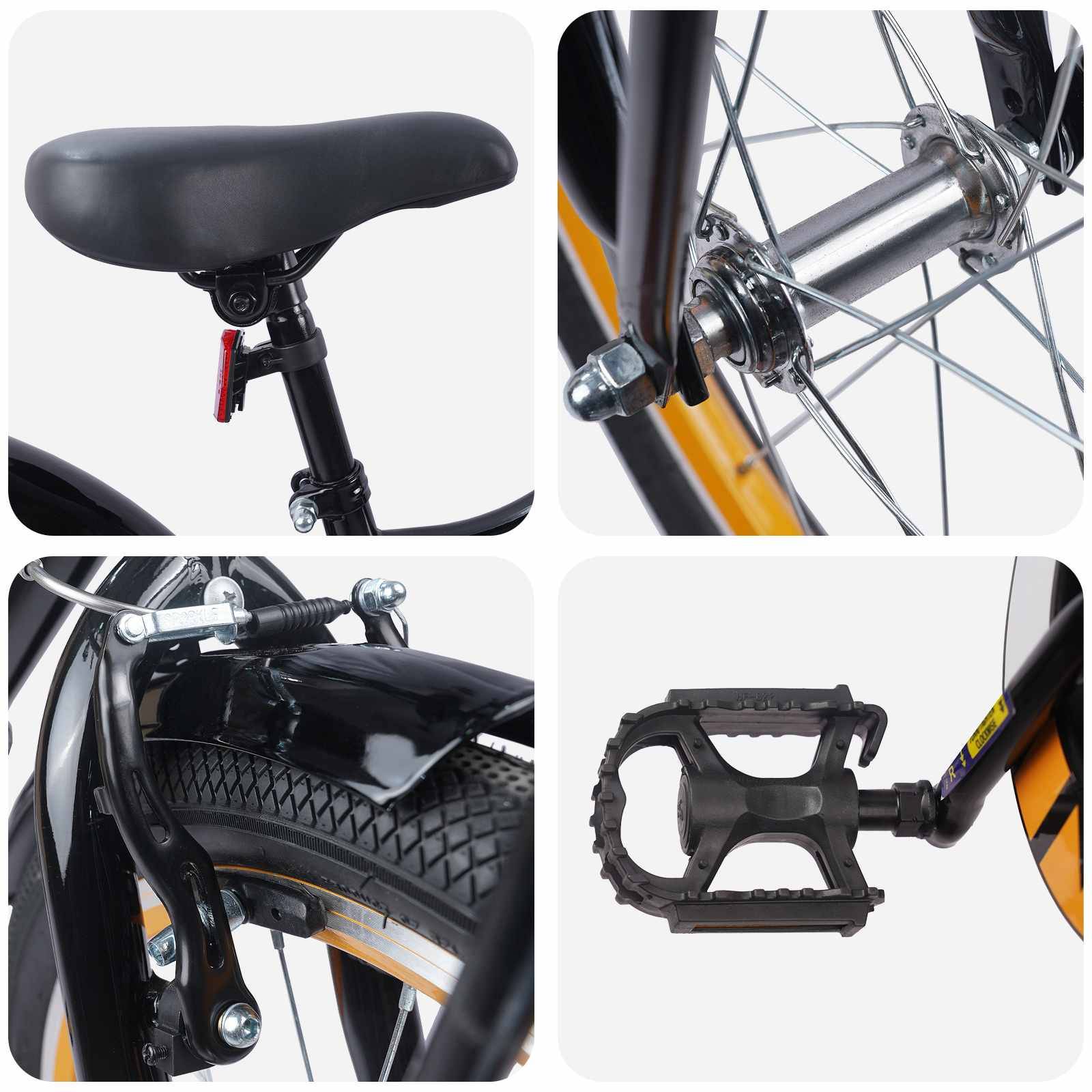 Vier Nahaufnahmen eines Fahrrads: oben links zeigt den Sattel, oben rechts die Hinterradnabe, unten links den Bremsmechanismus und unten rechts das Pedal.