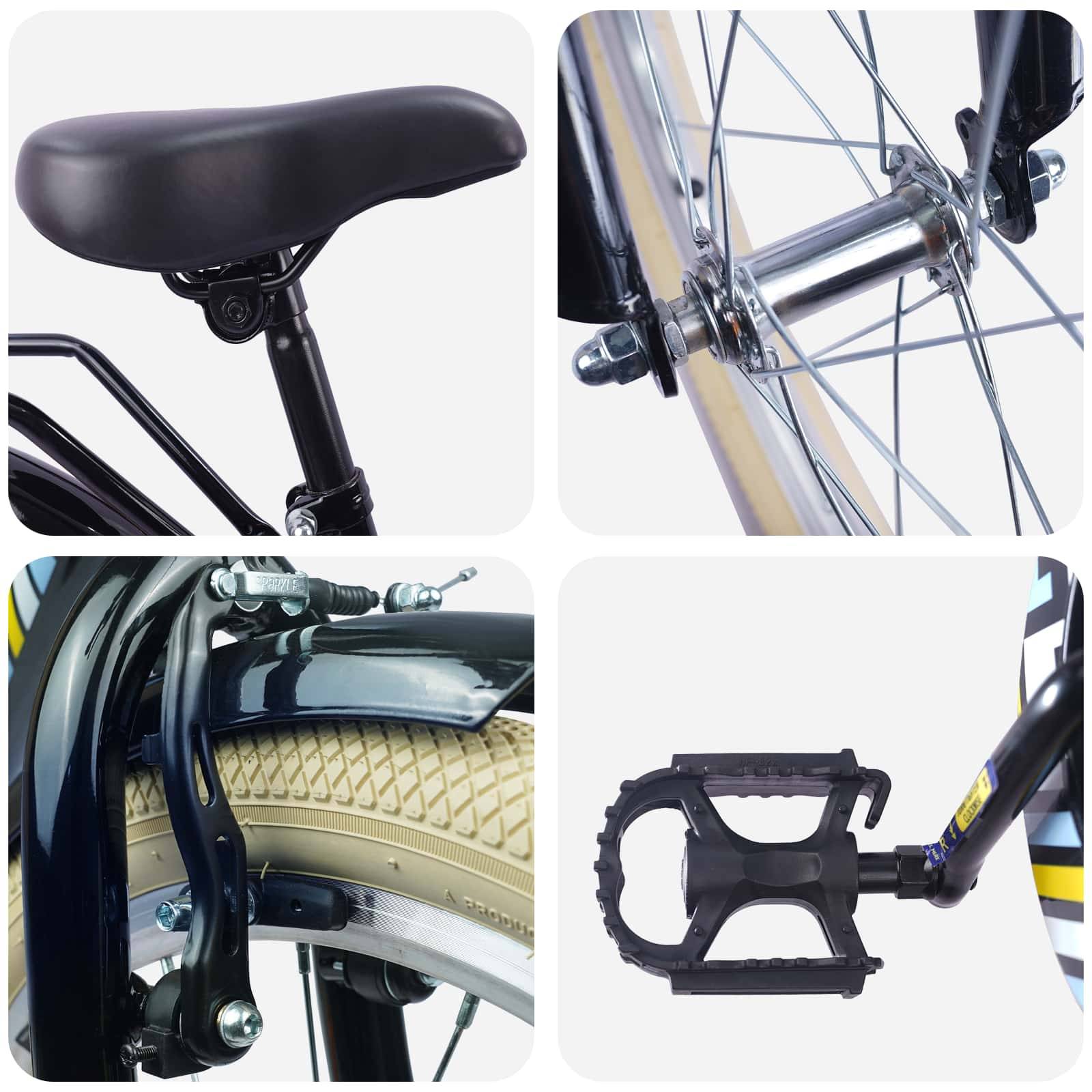 Vier Bilder zeigen Details eines Fahrrads: Sattel, Vorderradnabe, Hinterradbremse mit Reifen und Pedal. Jedes Teil ist schwarz vor weißem Hintergrund.