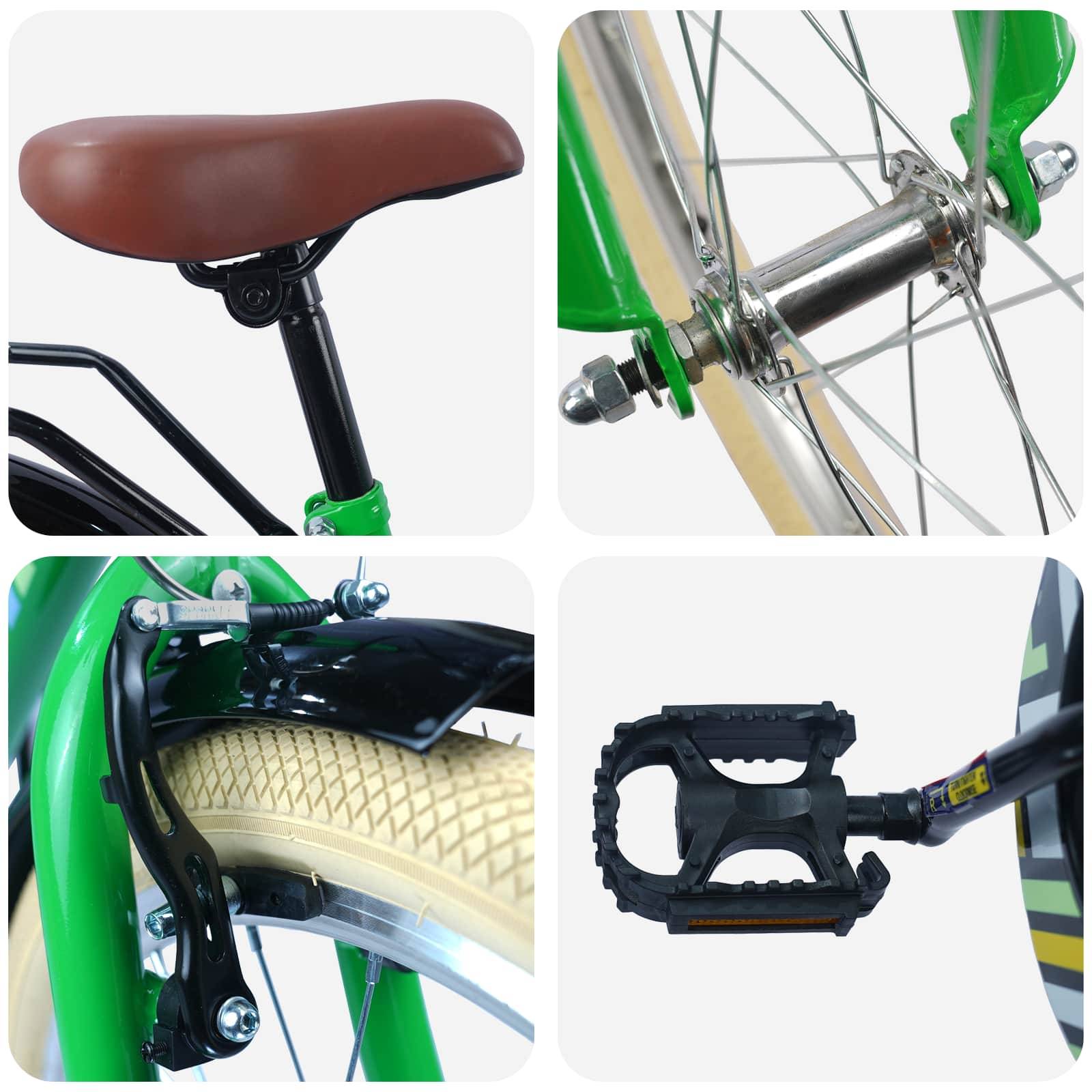 Vier Bilder von Fahrradteilen: brauner Sattel, Radnabe, hintere Bremse mit Reifen und schwarzales Pedal an einem grün und beige Fahrrad.