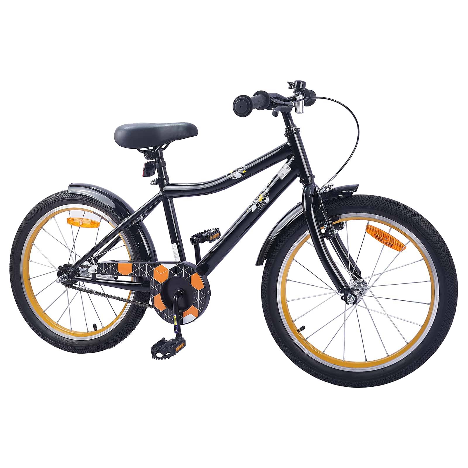 Ein schwarzes Kinderfahrrad mit orangefarbenen Akzenten, ausgestattet mit einem robusten Rahmen, zwei Rädern und Lenkergriffen.