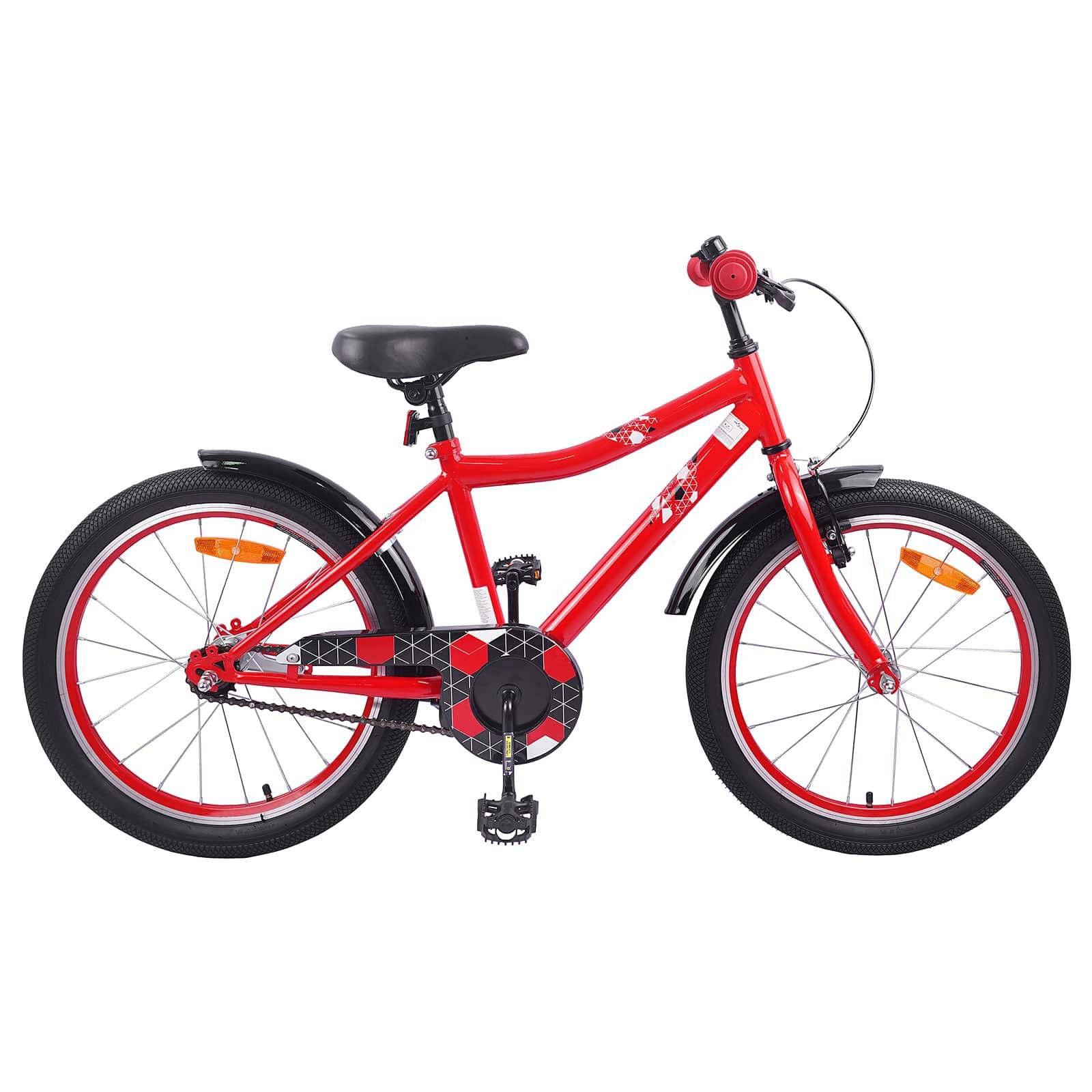 Ein rotes Kinderfahrrad mit Stützrädern, mit schwarzem Sattel und Lenker, geeignet für Anfänger.