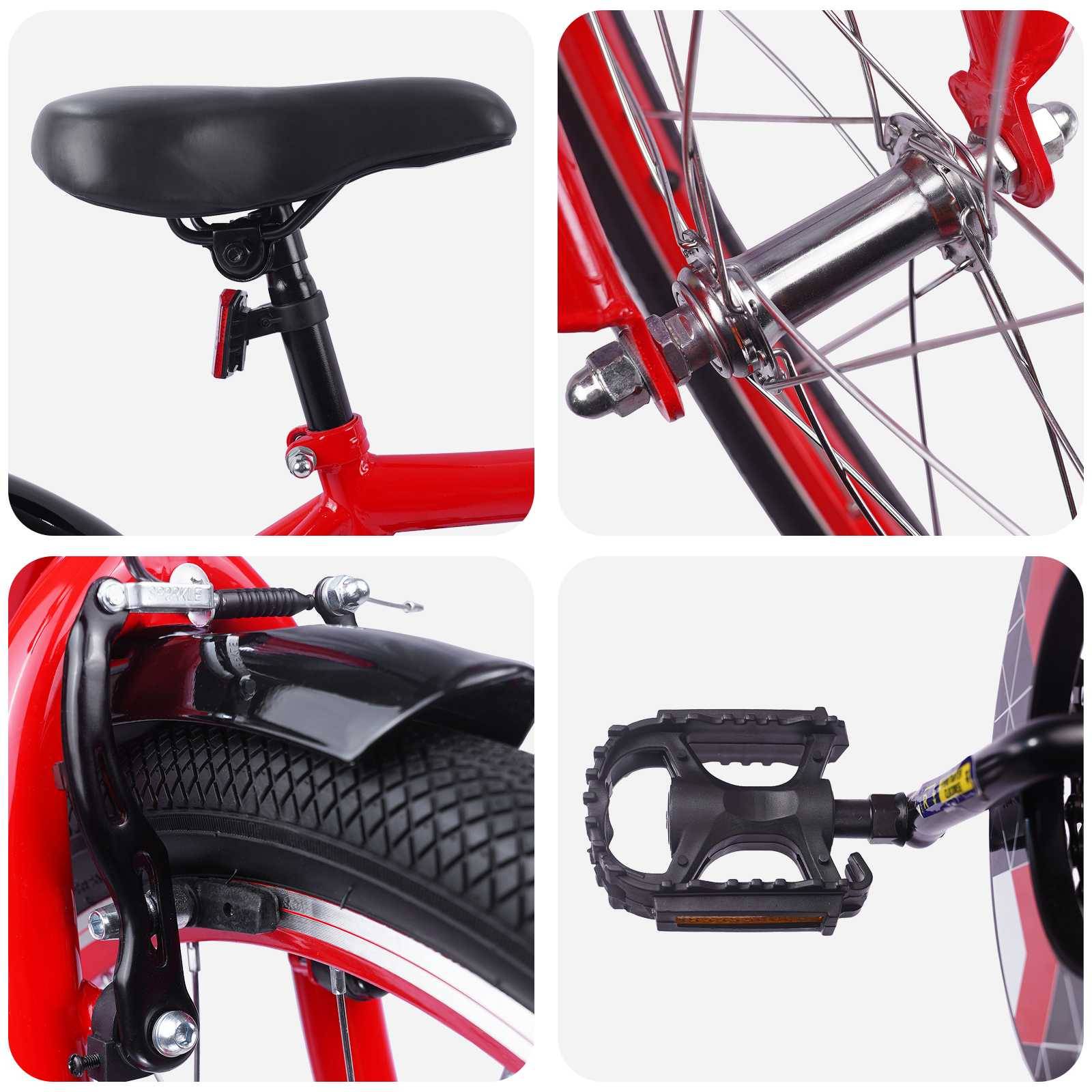 Vier Fahrradmerkmale: Sattel auf verstellbarer Stütze, Radnabe mit Speichen, Hinterradbremse am Reifen und Pedal mit Reflector.