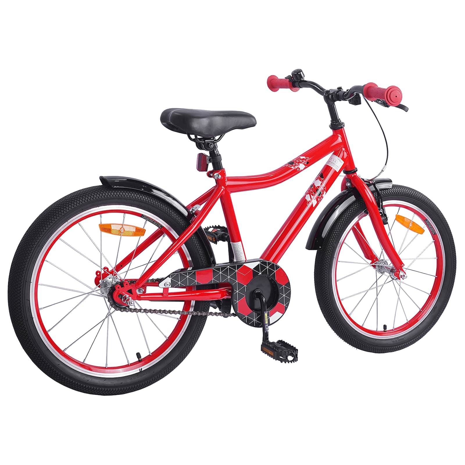 Rotes Kinderfahrrad mit schwarzem Sattel und Reifen, ausgestattet mit einer Kettenschutzvorrichtung und einer Lenkerklingel. Geeignet für Outdoor-Aktivitäten.
