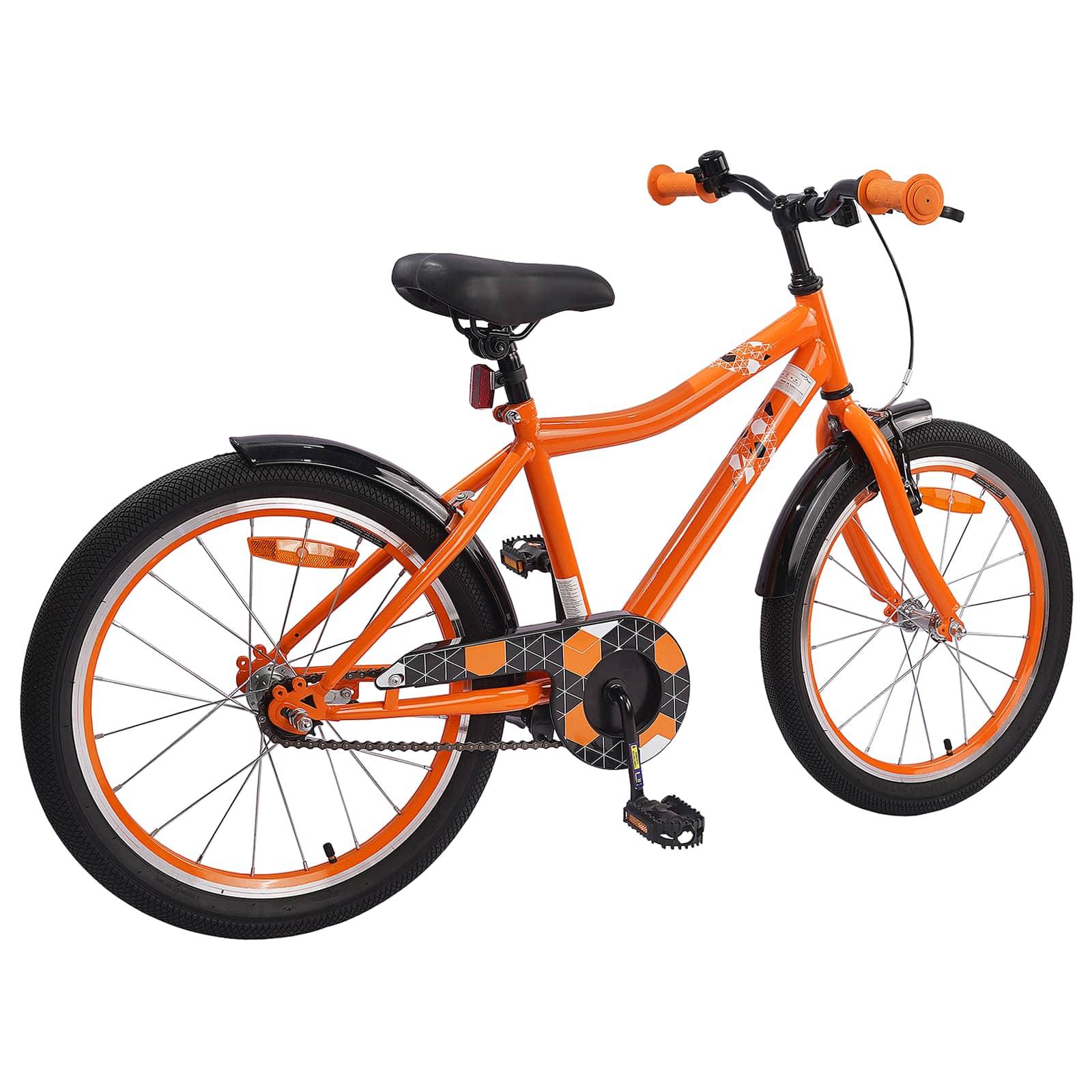 Ein orangefarbenes Kinderfahrrad mit schwarzen Reifen und orangefarbenen Akzenten, mit einem schlanken Design, das sich für gemütliche Fahrten eignet.