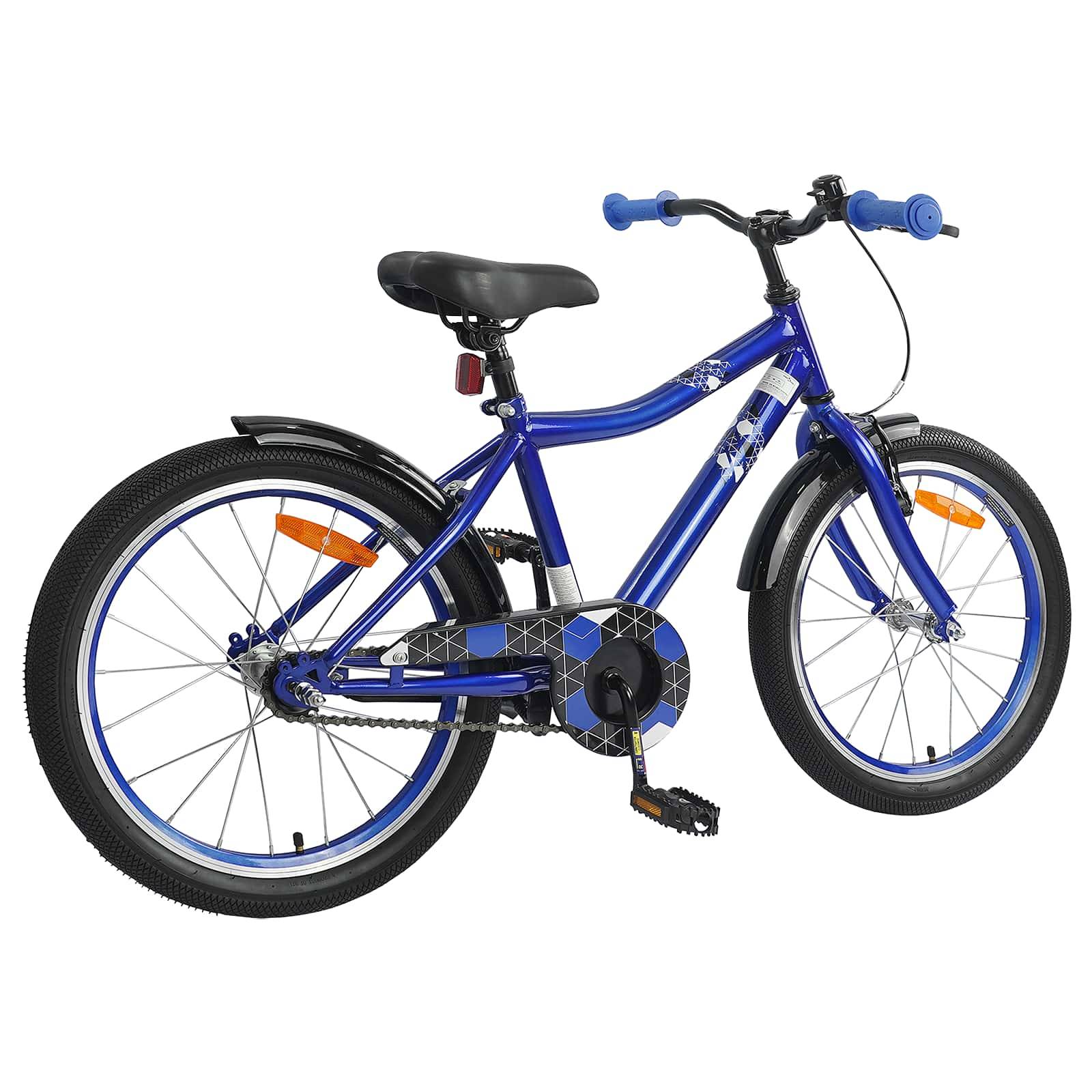 Ein blaues Kinderfahrrad mit Stützrädern, einem gepolsterten Sattel und einem Kettenschutz, geeignet für Anfänger, die das Fahren erlernen.