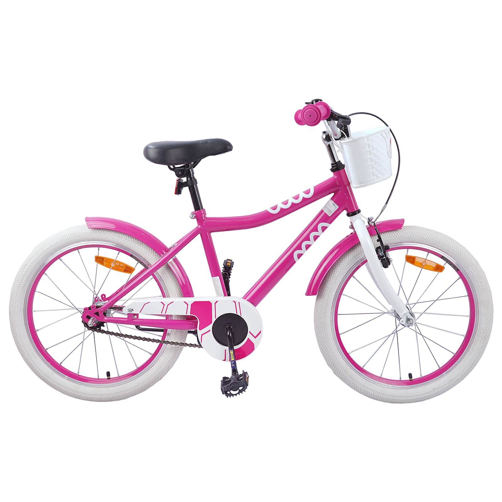 Ein rosa Kinderfahrrad mit weißen Reifen, ausgestattet mit einem vorderen Korb und verziert mit weißer Zierleiste.