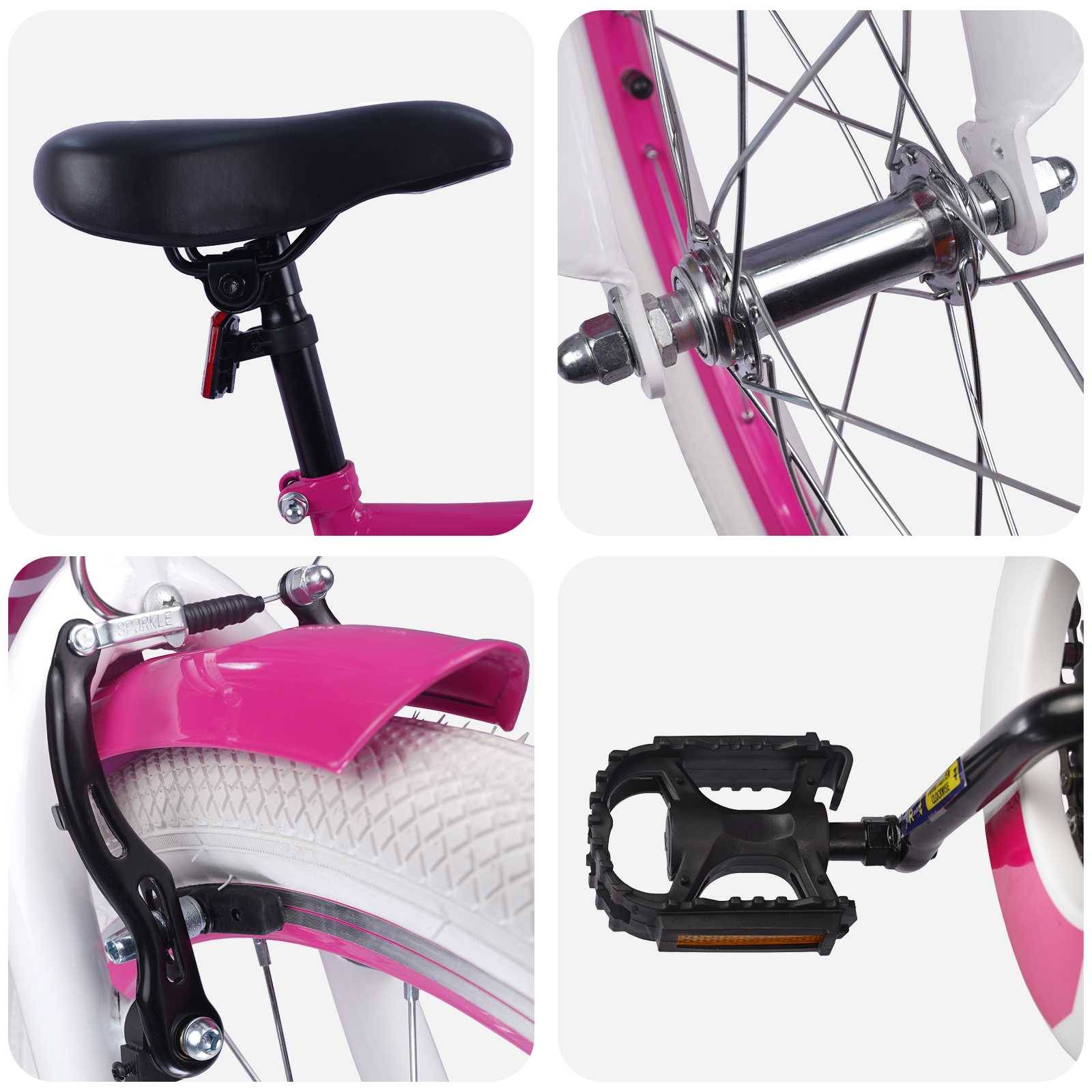 Fahrraddetails: gepolsterter schwarzer Sattel mit verstellbarem Rohr, rosa Rahmen und Schutzblech, schwarzer Lenker, Pedal- und Speichen-Nahaufnahmen.