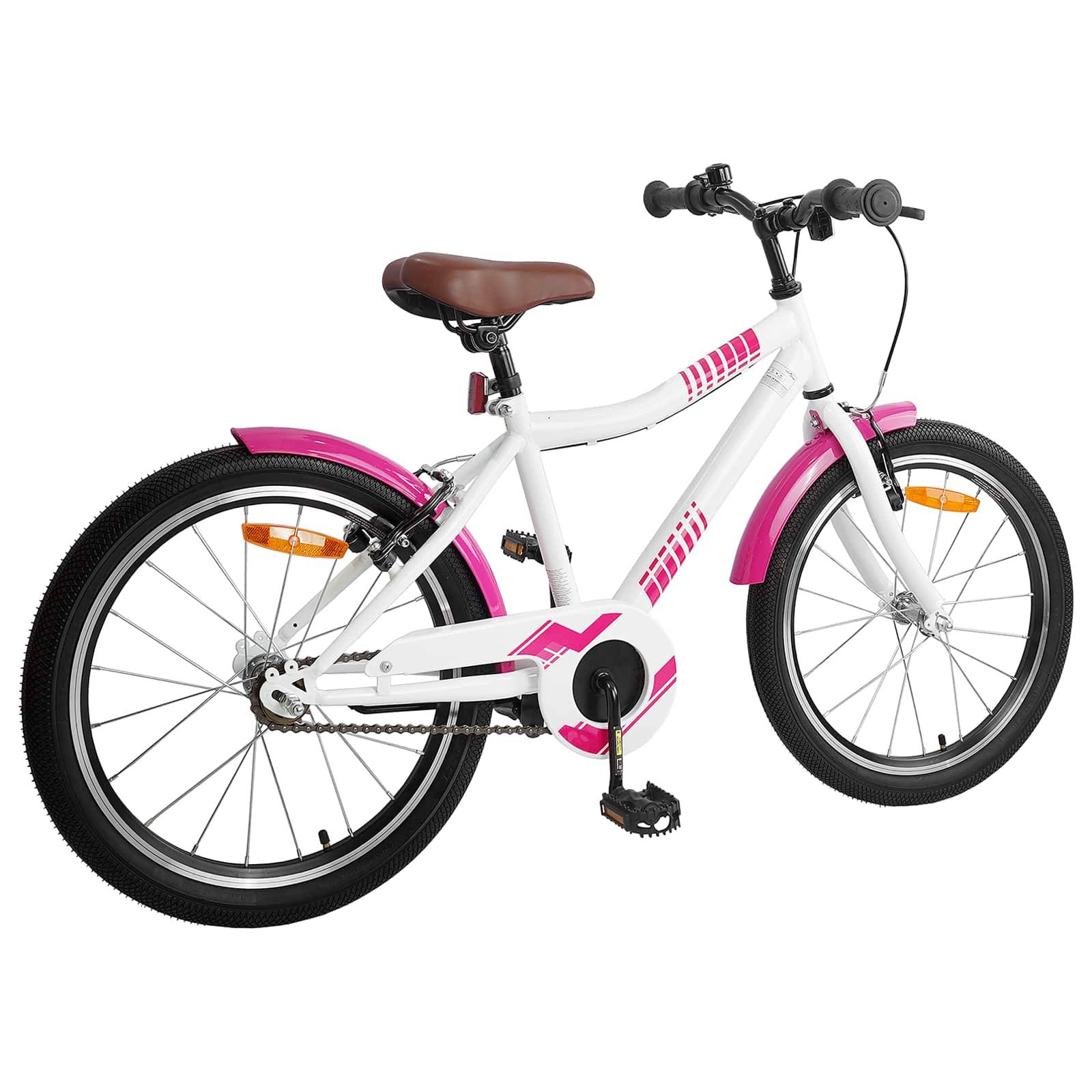 Ein weißes und rosa Kinderfahrrad mit einem braunen Sattel, schwarzen Lenkern und Stützrädern.
