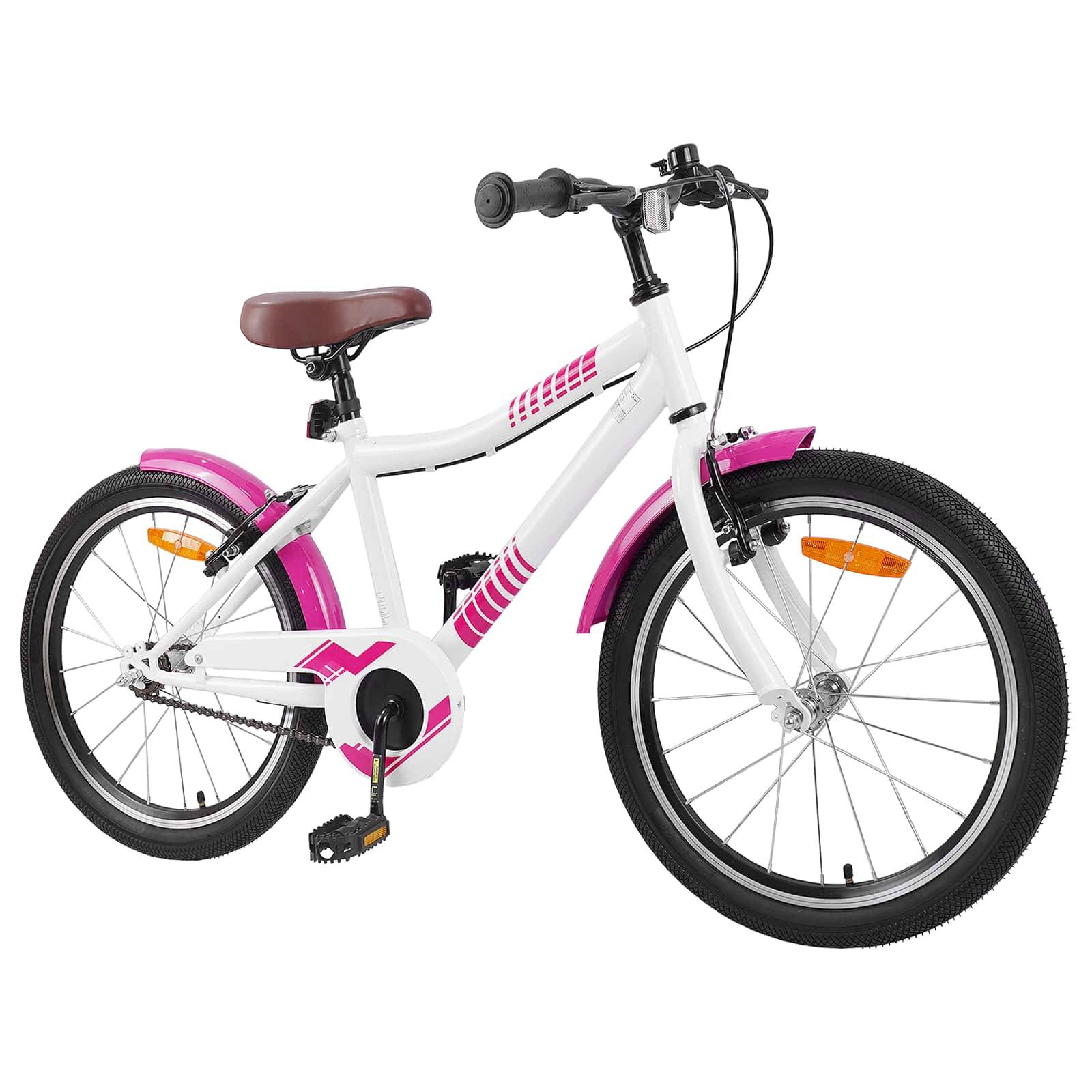 Ein weißes und pinkes Kinderfahrrad mit einem braunen Sattel, das Lenkstange, Pedal und Rückstrahler am Hinterrad zeigt.