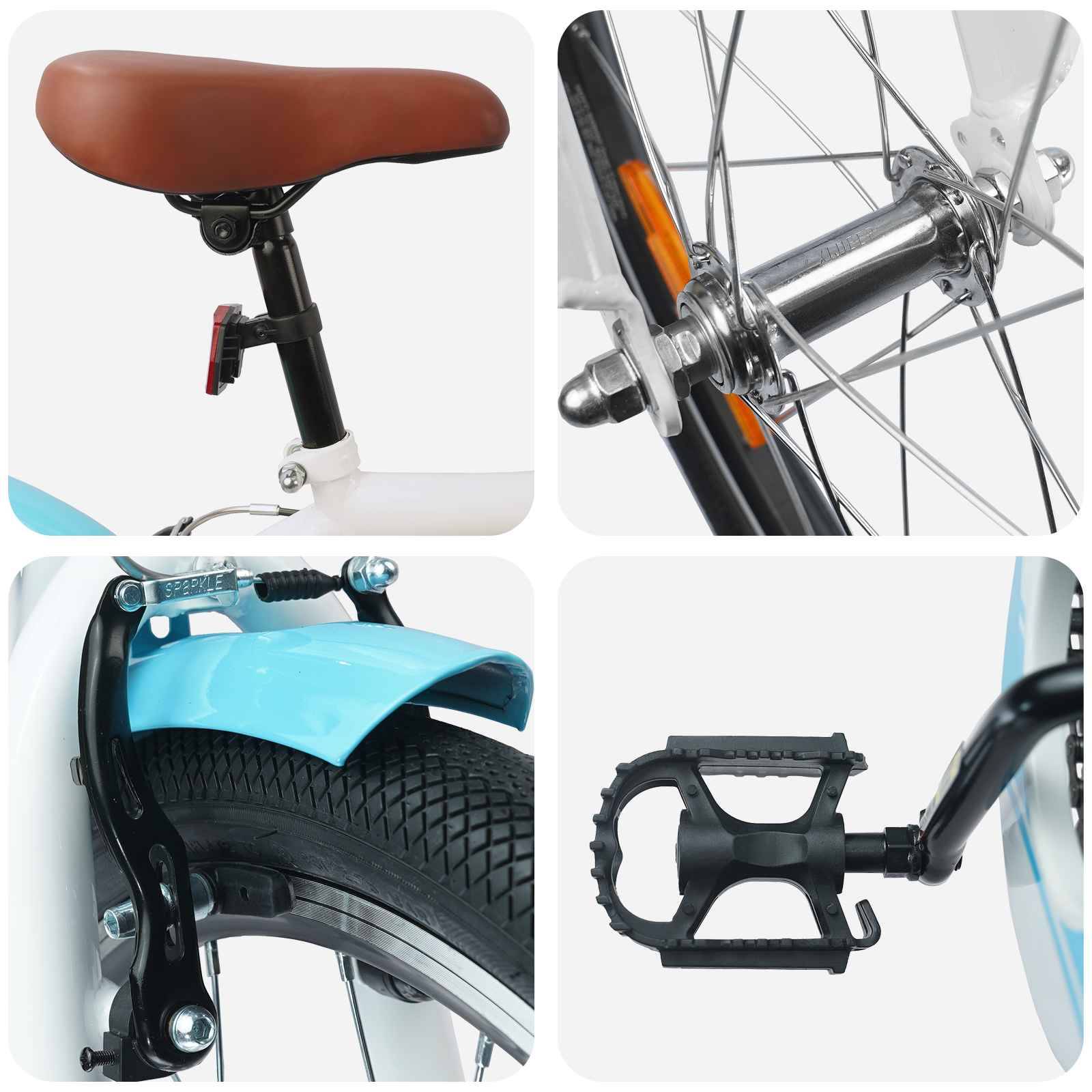 Bildcollage eines Fahrrads mit Nahaufnahmedetails: brauner Sattel, Radnabe mit Reflektoren, hinterer Schutzblech über dem Reifen und schwarzes Pedal.