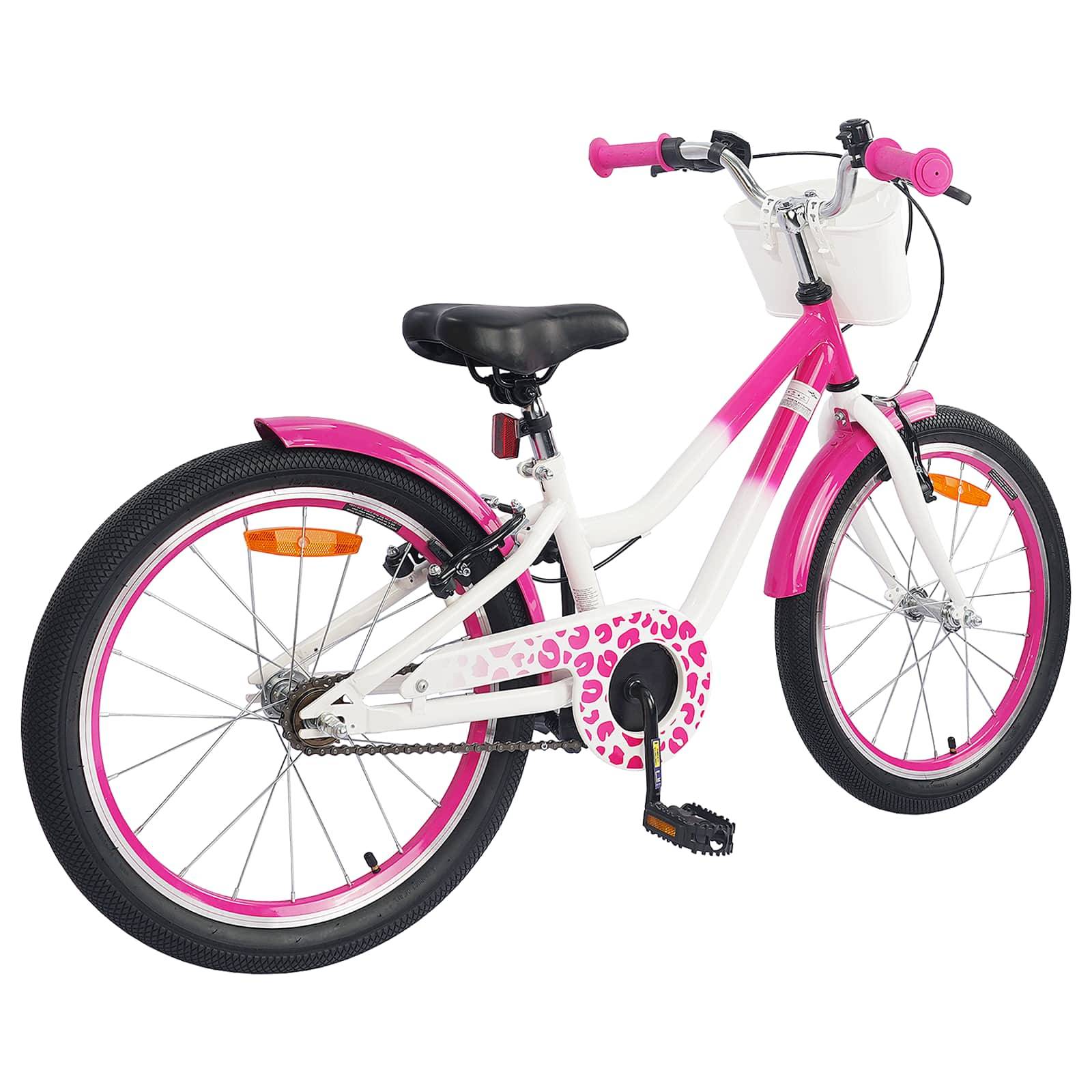 Ein Kinderfahrrad in Rosa und Weiß mit Stützrädern, einem Korb vorne und dekorativen Mustern am Rahmen.