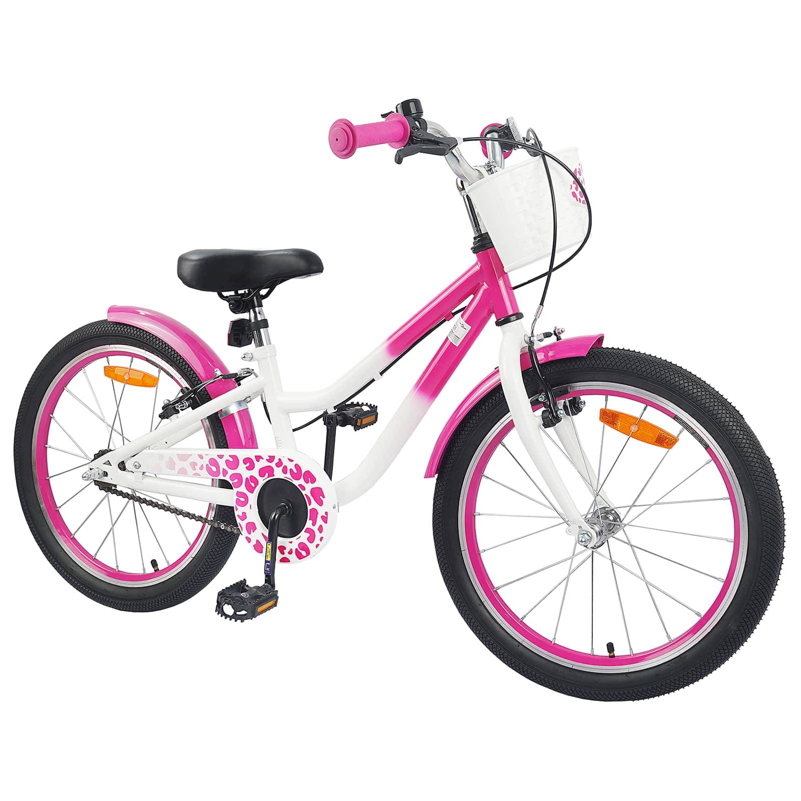 Ein rosa-weißes Kinderfahrrad mit einem Korb vorne, versehen mit dekorativen Mustern, geeignet für Freizeitfahrten.