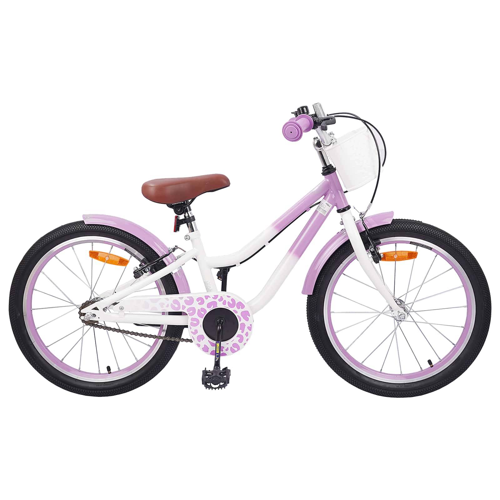 Ein Kinderfahrrad mit einem weißen und lavendelfarben Rahmen, lila Akzenten und einem braunen Sattel, speziell für junge Fahrer mit Stützrädern entwickelt.