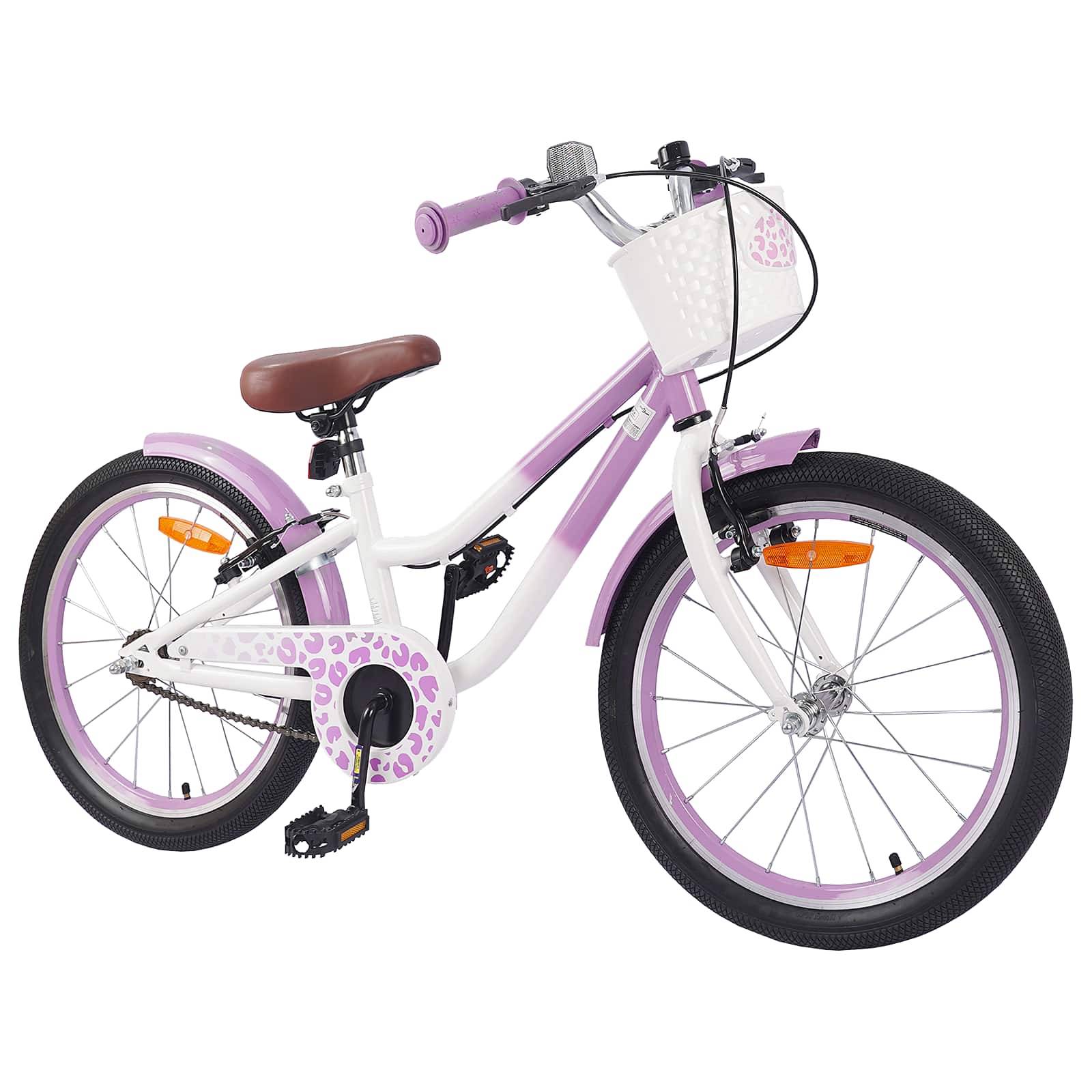 Lila und weiß farbiges Kinderfahrrad mit Stützrädern, einem Korb und einem gepolsterten Sattel.