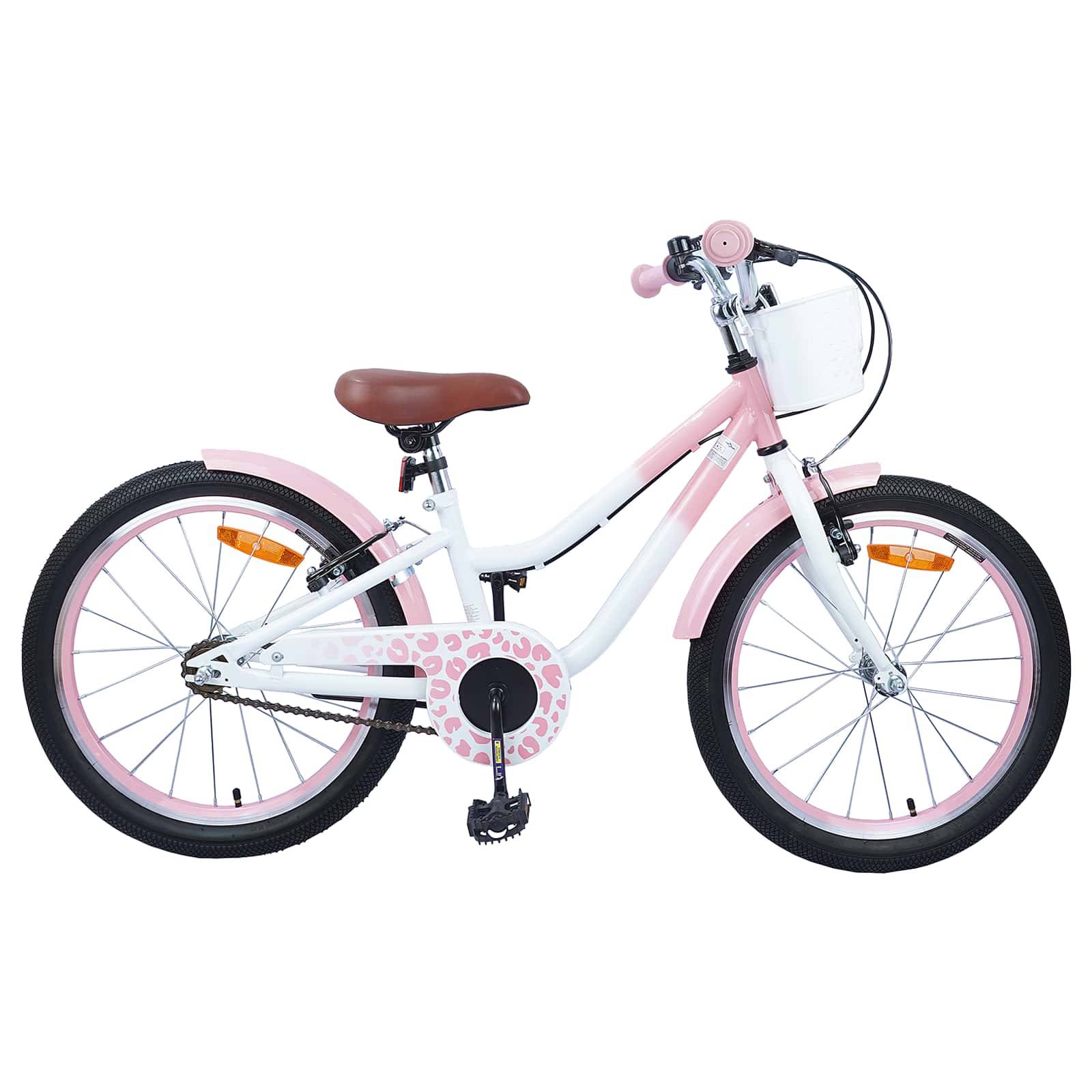 Ein Kinderfahrrad in Rosa und Weiß mit braunem Sattel und Griffen, ausgestattet mit rosa Schutzblechen und einer Kettenschutzabdeckung mit einem kreisförmigen Musterdesign.